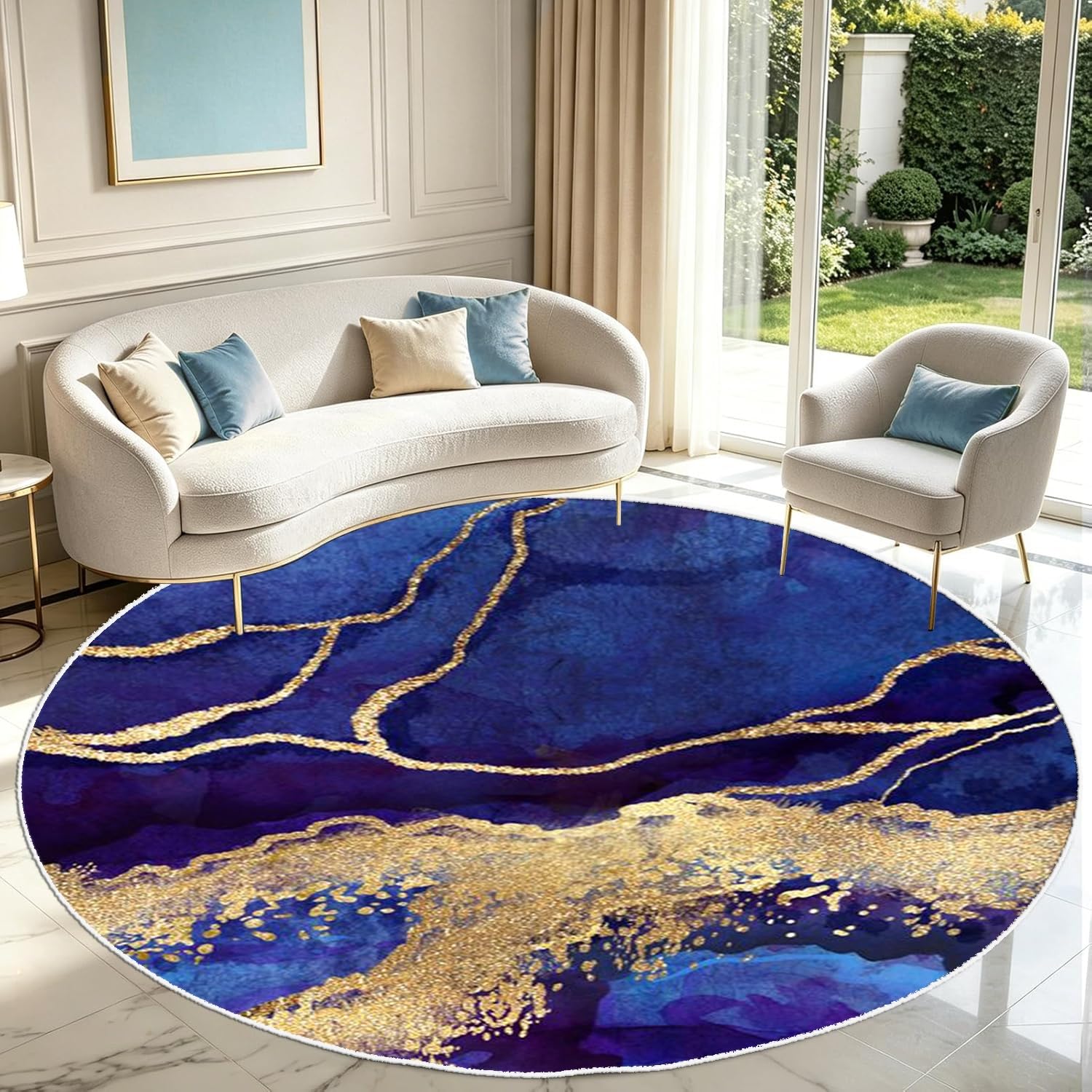 PDENZG Sapphire Blue Purple and Gold Round Marble Rug,200cm,Abstract Modern Navy Blue Area Rug, Soft Washable Non-Slip Marble Round Carpet, for Bedroom Living Room Dining Room Circle Rugs