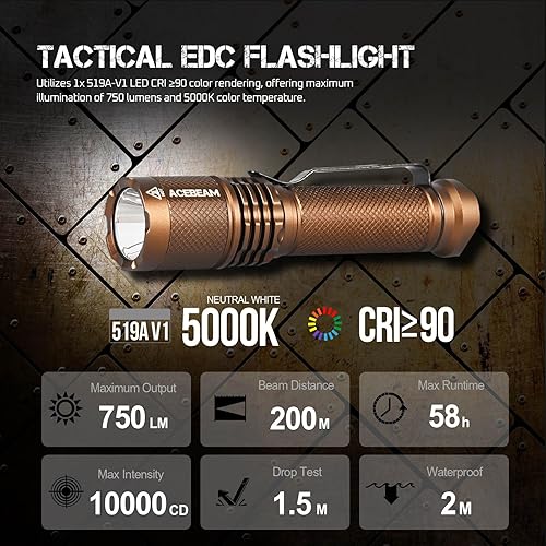 Miniatura 2 de ACEBEAM TAC AA - Linterna táctica EDC de 750 lúmenes altos, recargable de 656.2 ft, linterna LED de bolsillo de tiro largo, mini linterna pequeña