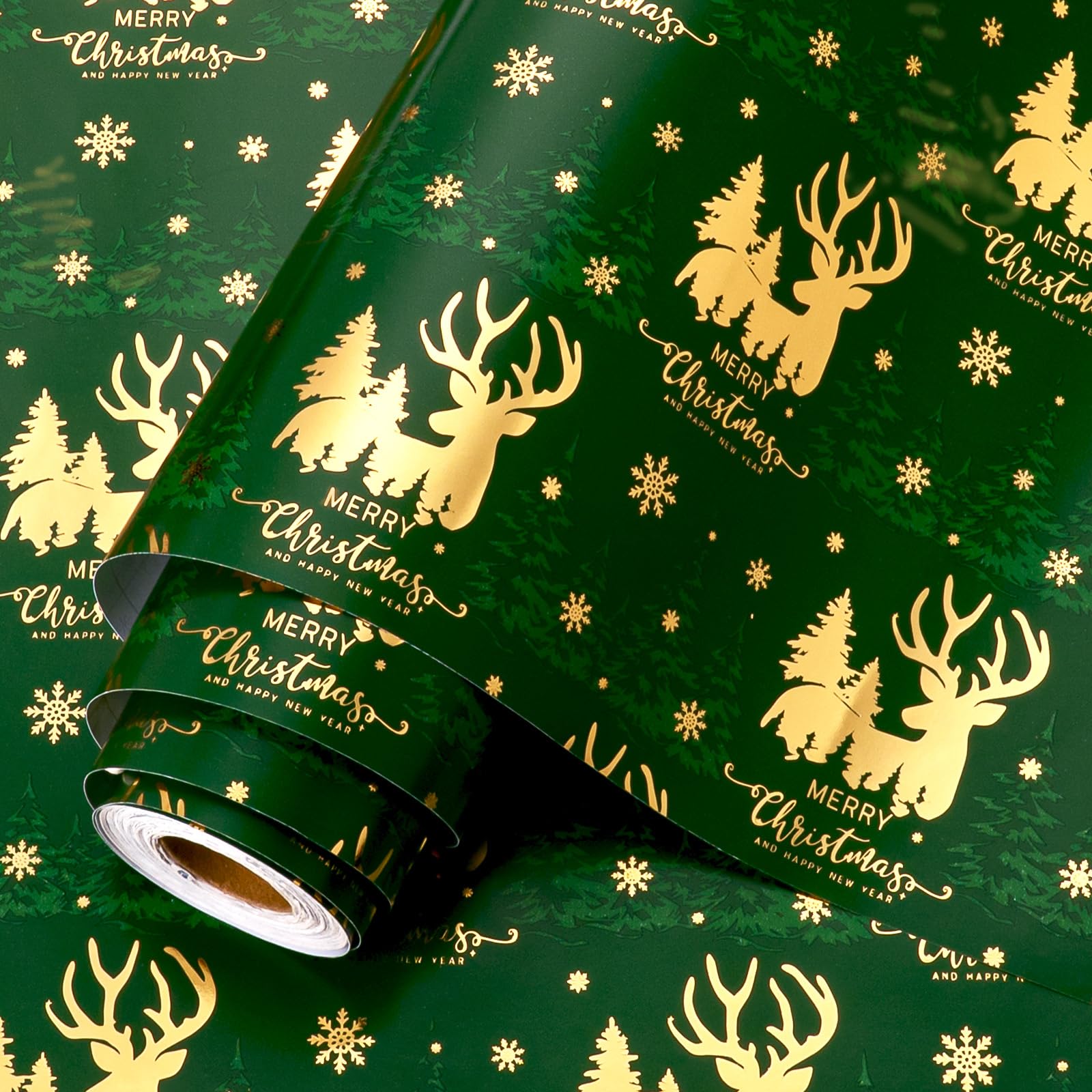 Homeral Green Christmas Wrapping Paper Roll, Gold Foil Reindeer, Snowflakes