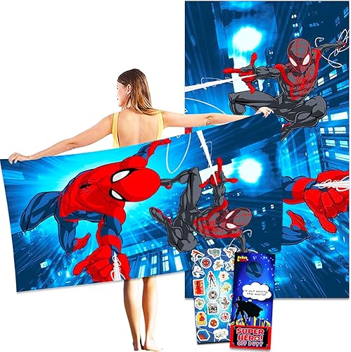 Juego de toallas de playa Spiderman, paquete de una toalla de playa de Spiderman de 40 x 72 pulgadas con calcomanías y más | Accesorios de playa