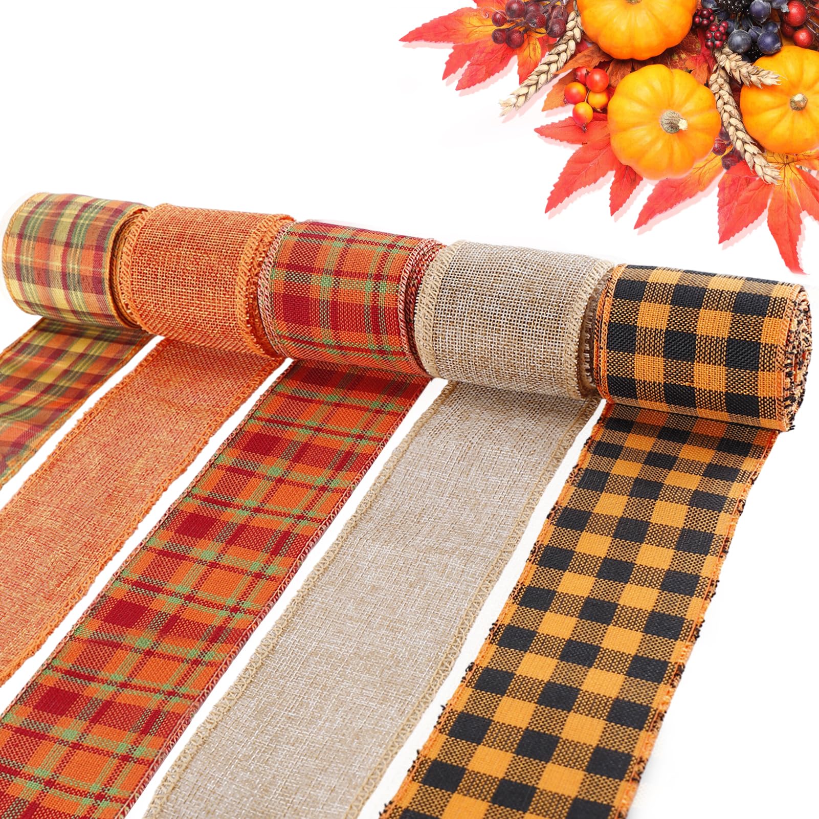 5 Colors Wreaths Burlap Ribbon - Total 27.3yards Thanksgiving Day Autumn Wired Edge Ribbon for Gift Wrapping Bows Rustic Crafts Supplies Weddings Holiday Fall Decorations - 2.4in Wide