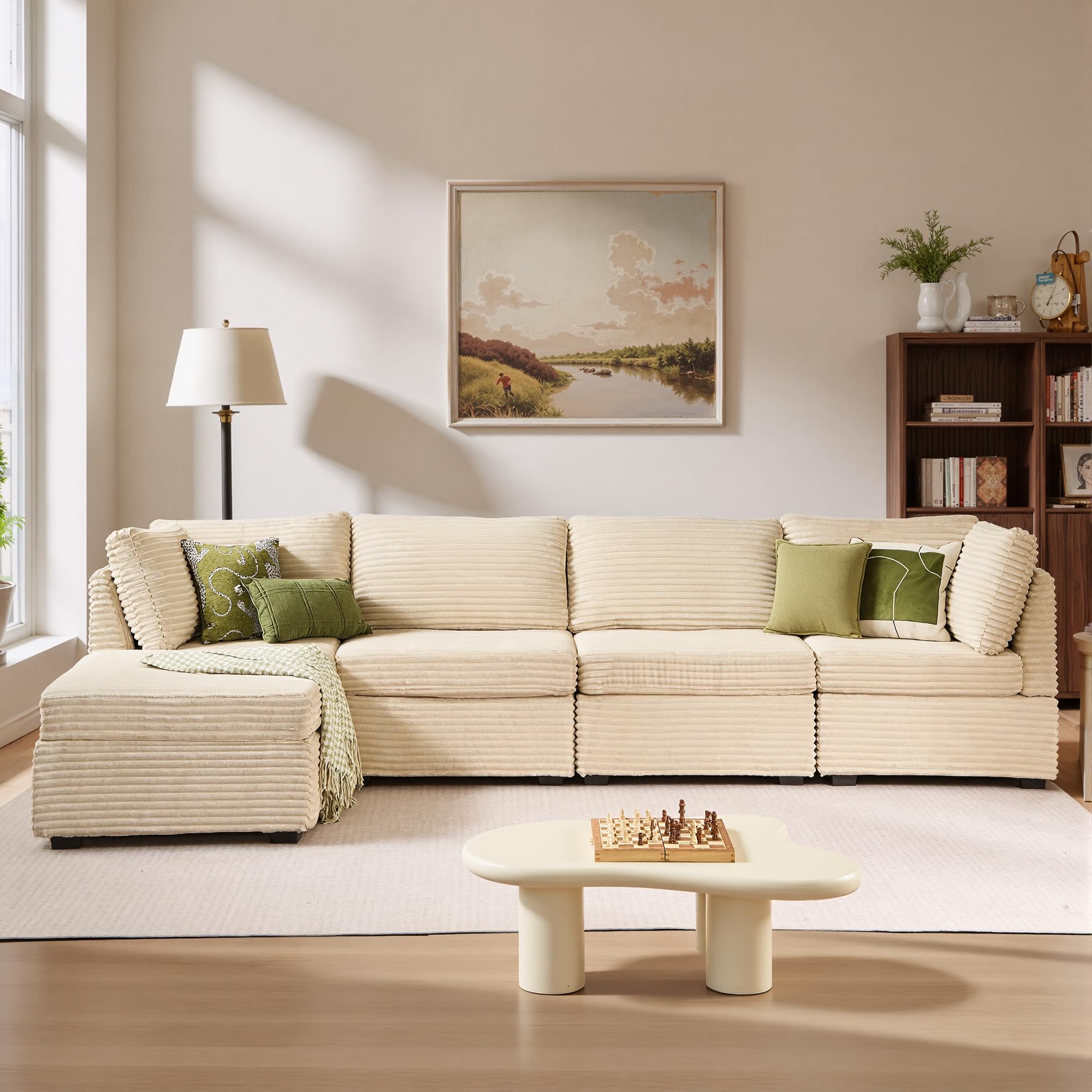 ovios Modular Sectional Sofa Couch with L-Shape Chaise Ottoman, Comfy Plush Corduroy Cloud Couches, Modern Luxury Deep Seat Sofas Set for Living Room, 5-Seater, Beige