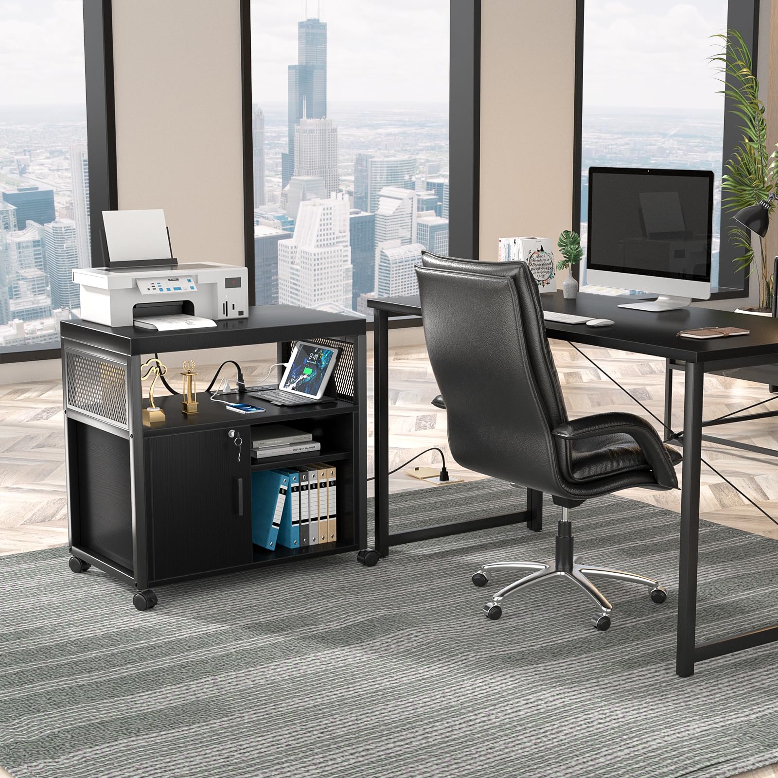 Unikito Lateral File Cabinet Locking Office Printer Stand with Sockets and USB Charging Ports Modern Rolling Printer Desk — view 2