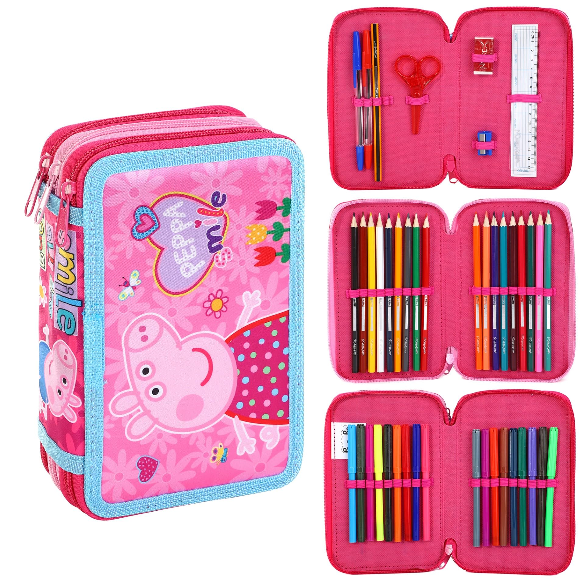 TDL Peppa Filled Pencil Case Full Stationery School Supplies Set for Kids 3 Tier with Pens