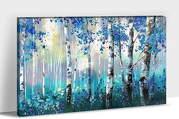 GUTTATY Birch Tree Wall Art - Blue Fall Art for Living Room, Framed Canvas 12x18