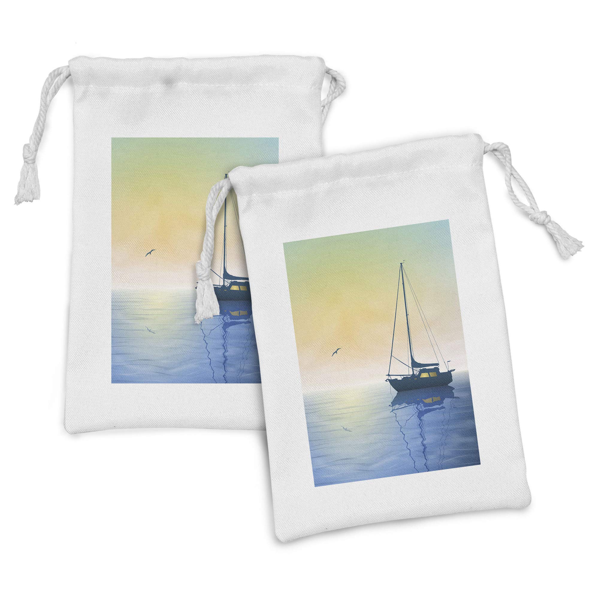 Lunarable Ocean Fabric Pouch Set of 2, Sailing Boat in SeMisty Sunset Skynd Reflections on Water Picture, Small Drawstring Bag for Toiletries Masks and Favors, 9" x 6", Pale Yellow Violet Blue
