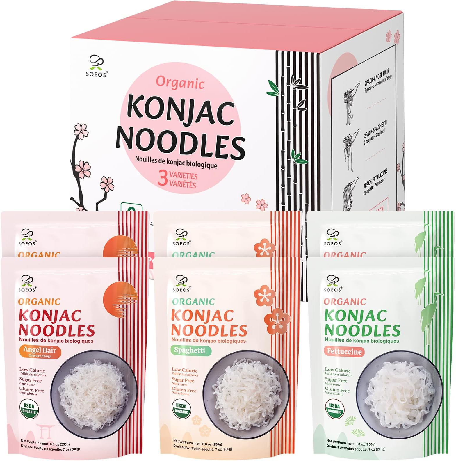 Soeos Konjac Noodles, Organic Shirataki Noodles, Low Calorie, Suitable for Keto & Paleo, 3 Varieties of Noodles, 52.8 Ounces (Pack of 6)