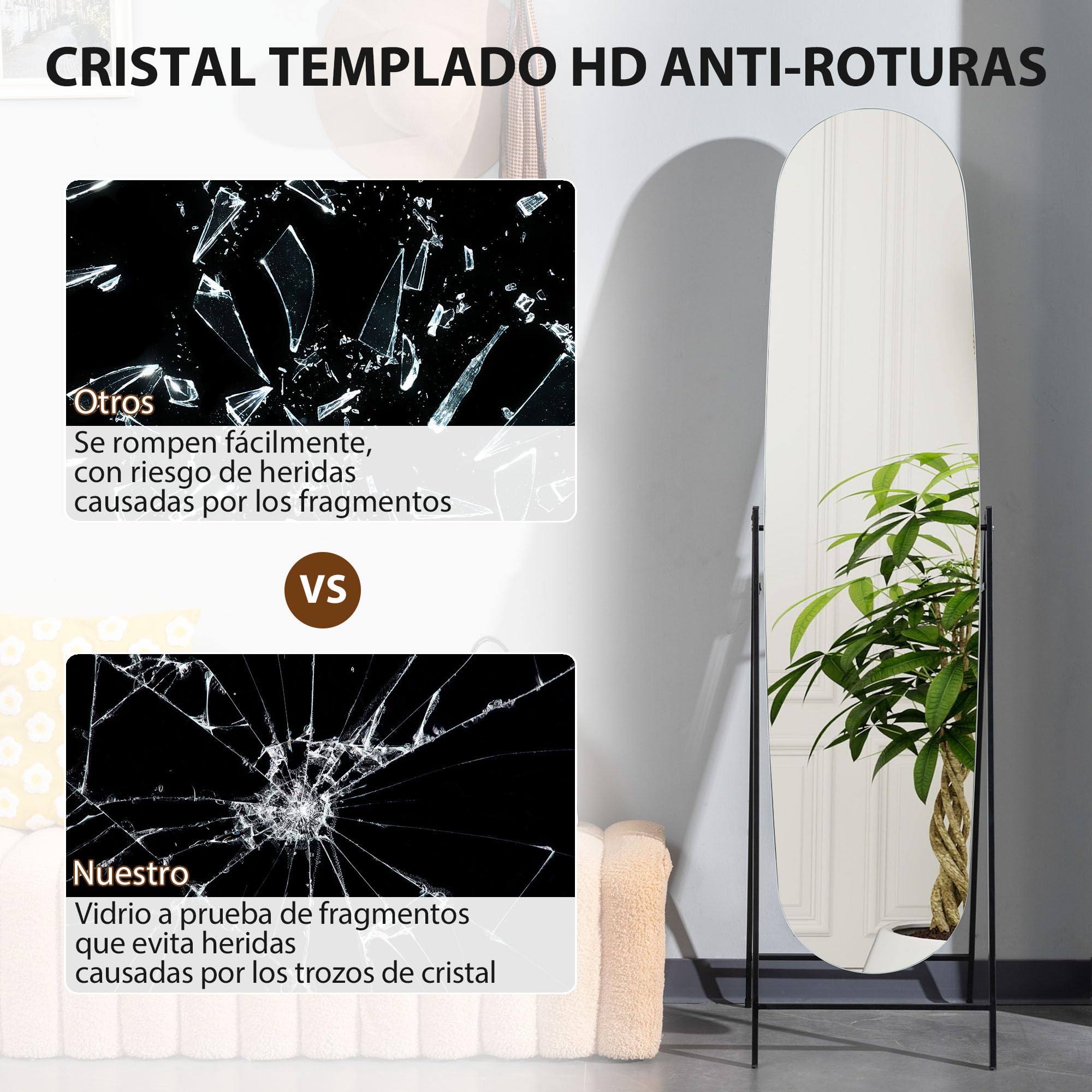 HOMCOM Espejo de Cuerpo Entero Arqueado 160x40 cm Espejo de Pie Negro | Apoyado en la Pared, sin Marco, Soporte de Metal, para Salón, Dormitorio, Vestidor y Entrada