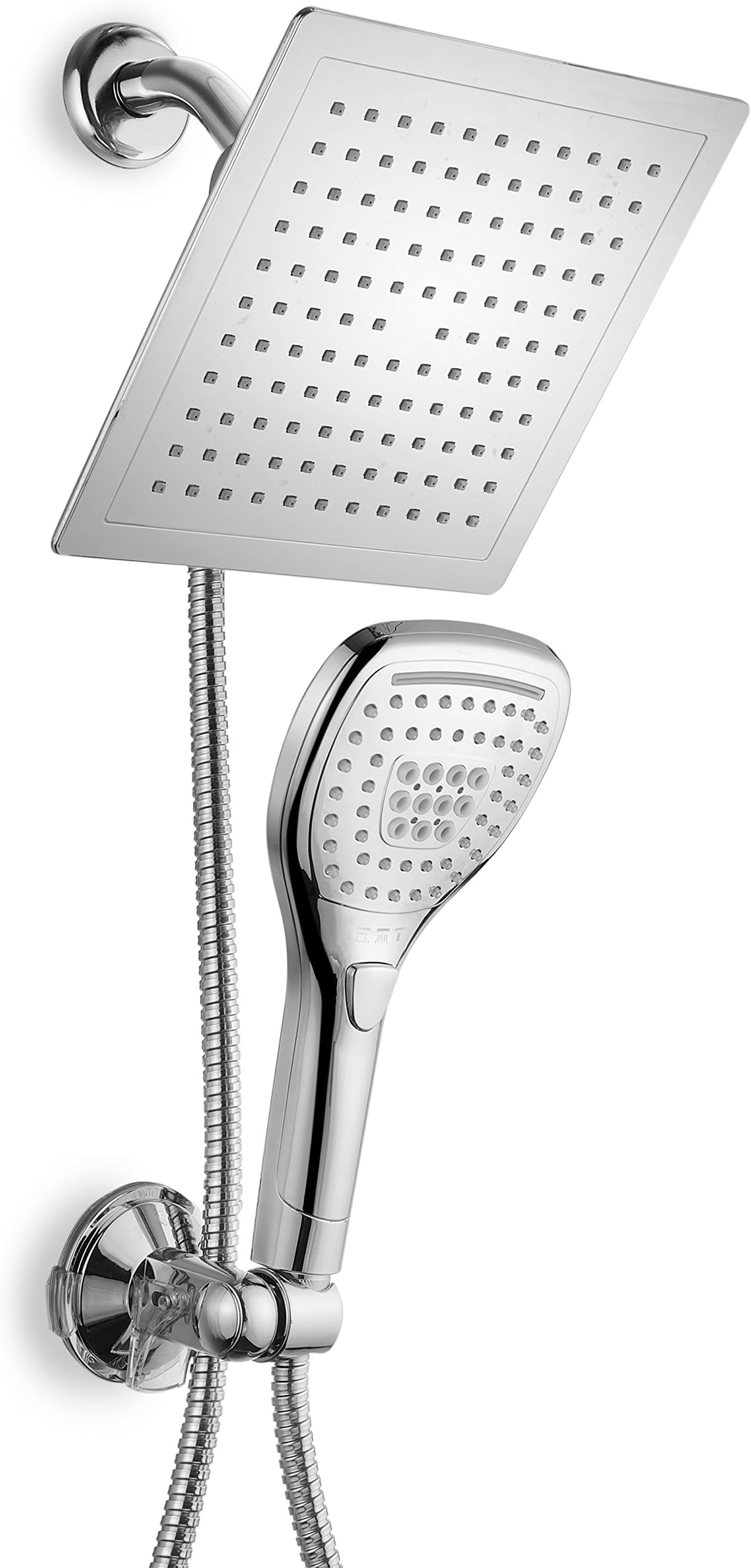 Ultra-Luxury 9" Rainfall Shower Head/Handheld Combo. Convenient Push-Button Flow Control Button for easy one-handed operation. Switch flow settings with the same hand! Premium Chrome