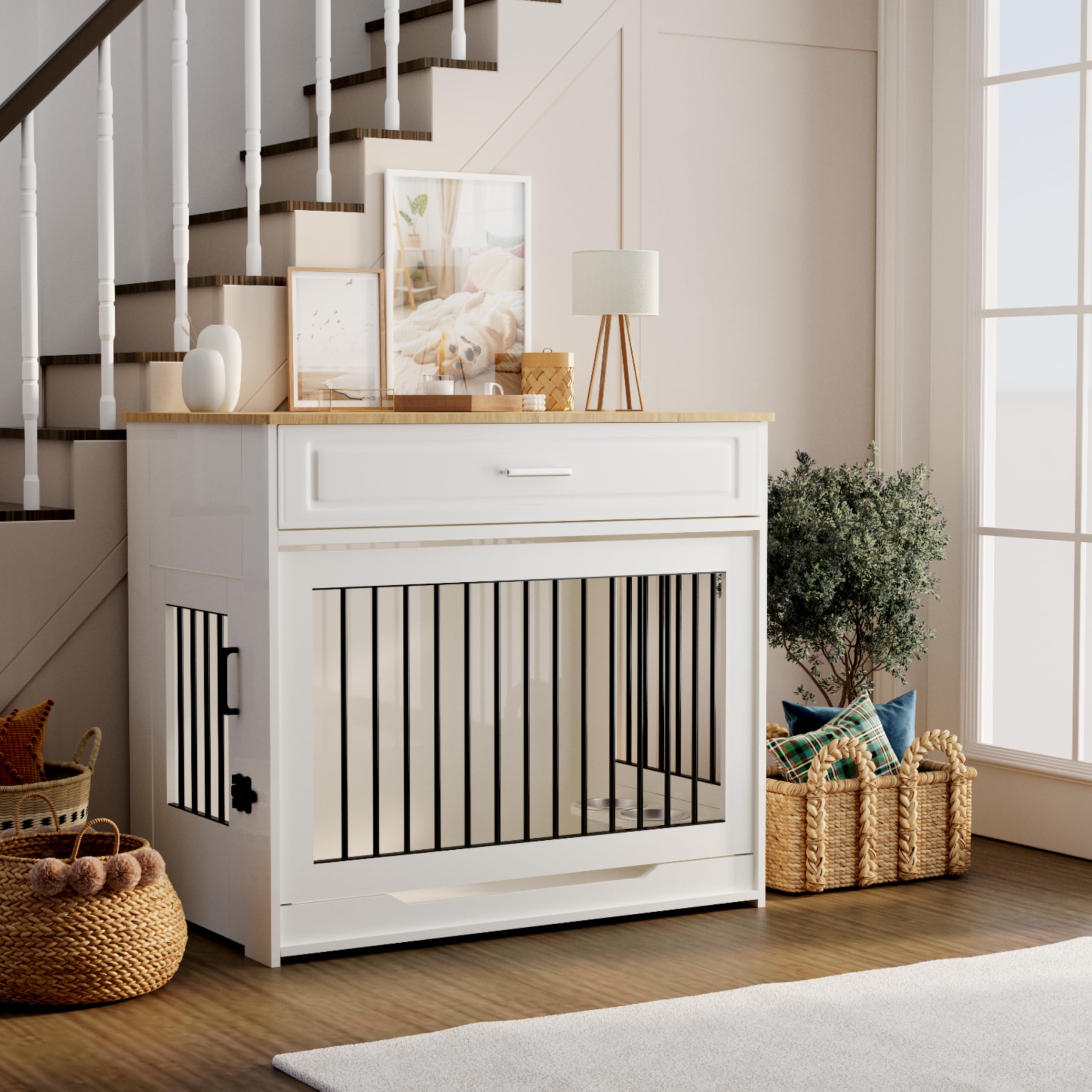 DAWNYIELD Wooden Dog Crate with Sliding Door and Drawer, Indoor Furniture, Side Table with 360° Rotating Bowl, White