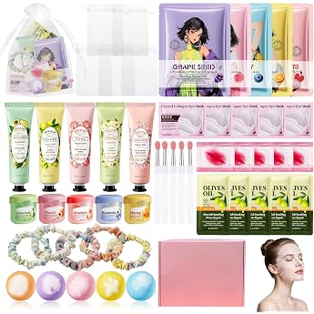 50 Piece Gift Set for Women Skin Care Spa Party Set for Weddings Beauty Skincare Set for Girls with Face Masks Eye Pads Lip Mask Lip Balm Hand Cream Bath Bombs & Hair Bobbles