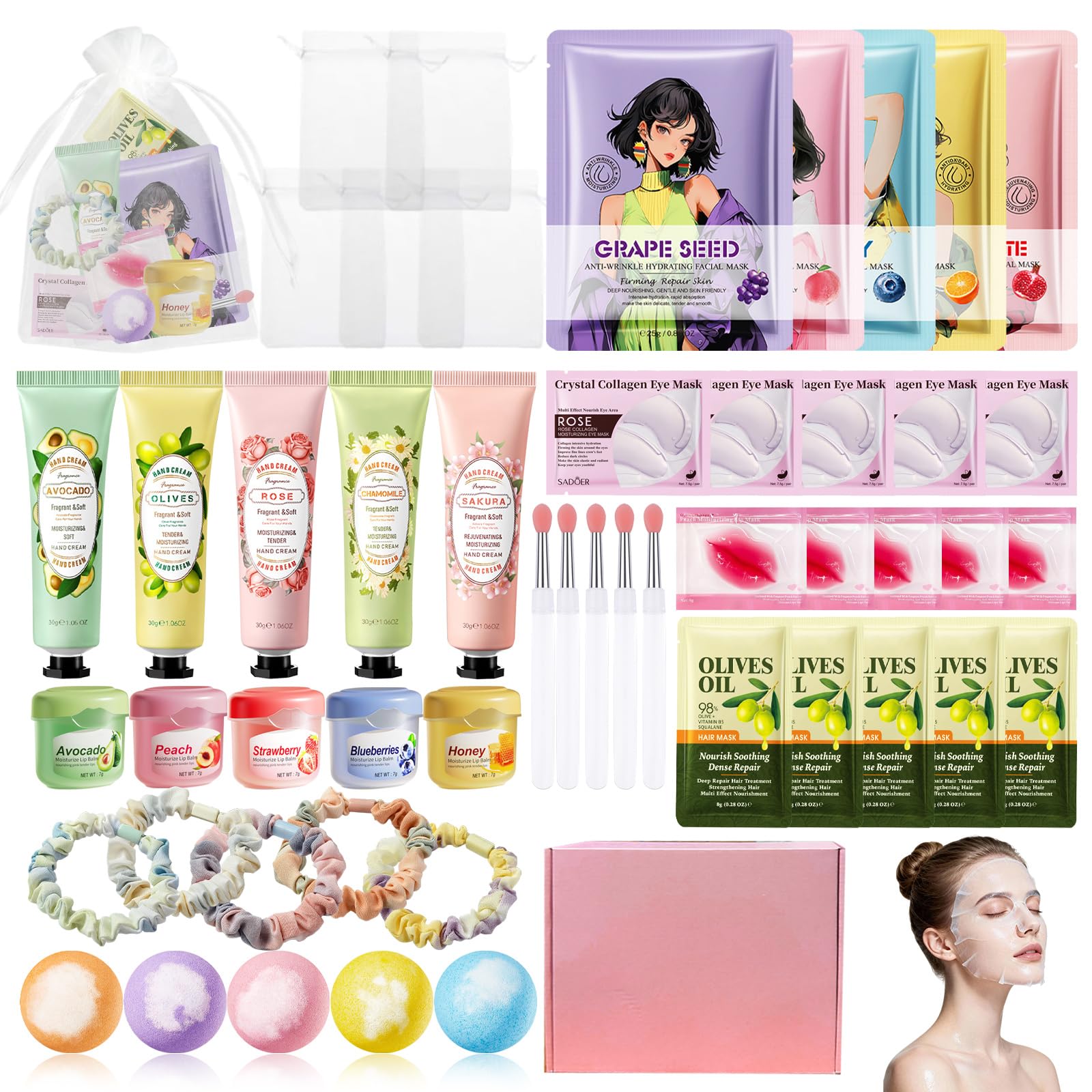 Set Spa Mujer 50 Piezas, Kit Skincare para Regalo Mujer y Niñas con Mascarillas Faciales, Parches Oculares, Crema Manos, Bálsamo Labial, Mascarilla Labios, Bombas Baño y Bolsas Regalo