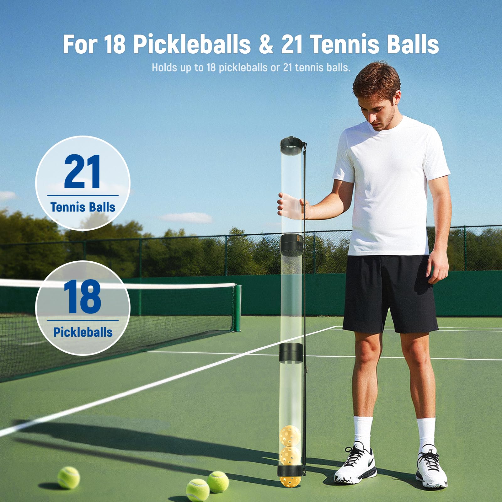 NEEWER Raccoglitore Palline Tramoggia a Tubo per 18 Pickleball e 21 Palline Tennis, Portapalle Superiore Staccabile per Ball a 3 Sezioni con Tappo, Tracolla per Raccolta Senza Chinarsi,PB01S