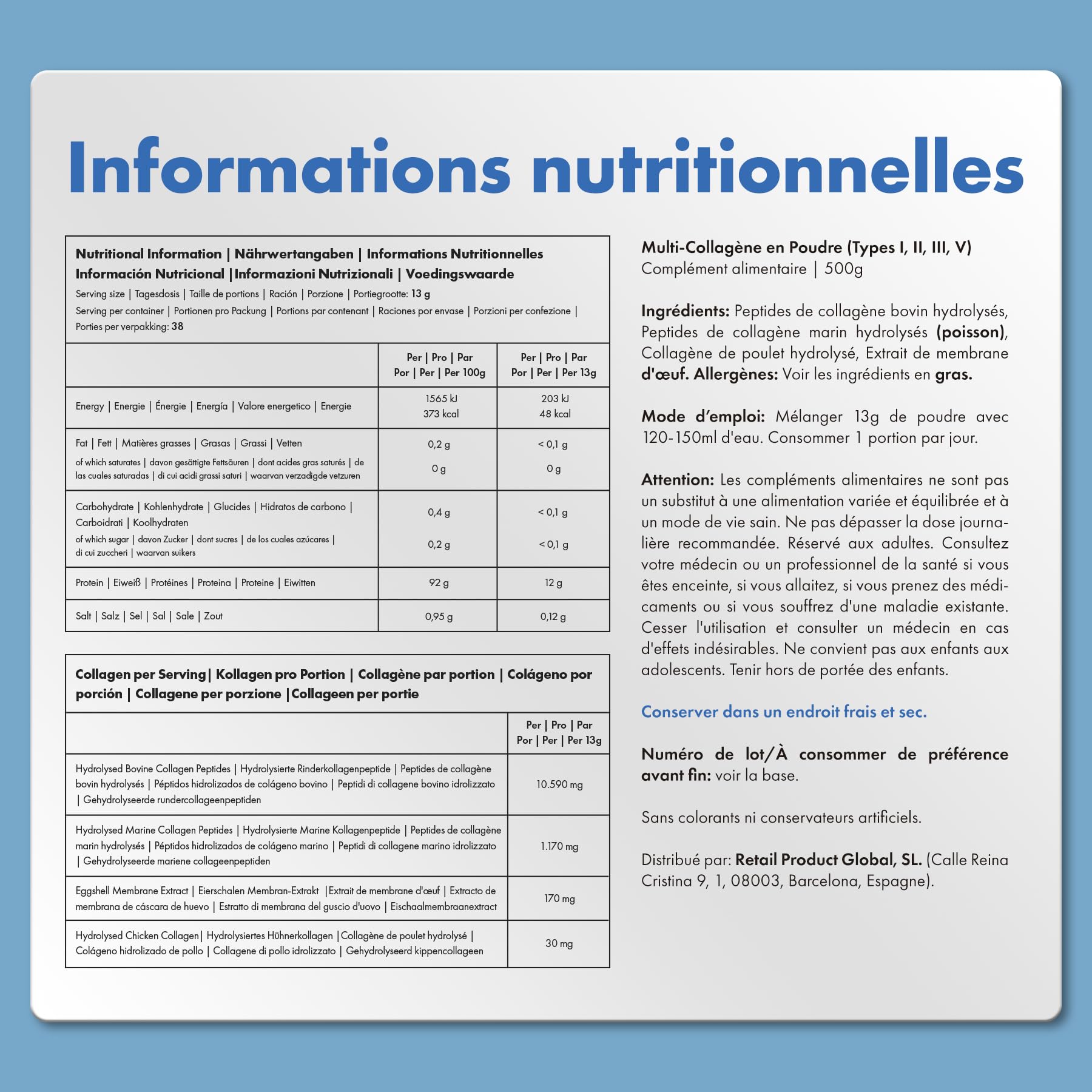 Incite Nutrition Multi Collagène Poudre Non Aromatisée 500 g. Source de Collagene Types 1, 2, 3 et 5. Complément pour la Peau, les Articulations, les Os, les Cheveux et la Récupération Musculaire.
