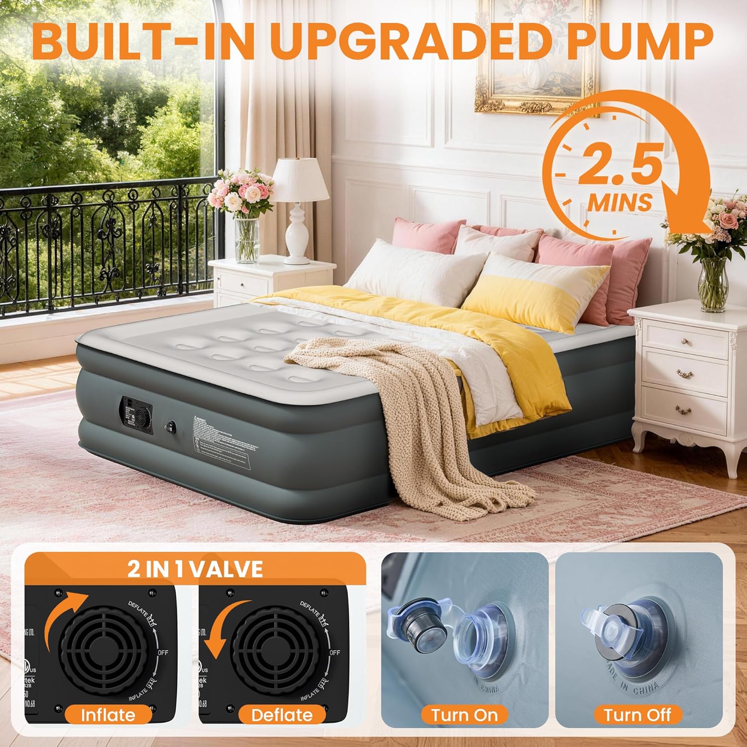 Full Air Mattress with Built-in Pump, 18 Inch Raised Inflatable Air Mattress, 600 lbs Max Honeycomb Comfortable Air Bed with Storage Bag, for Camping, Home and Guest Use