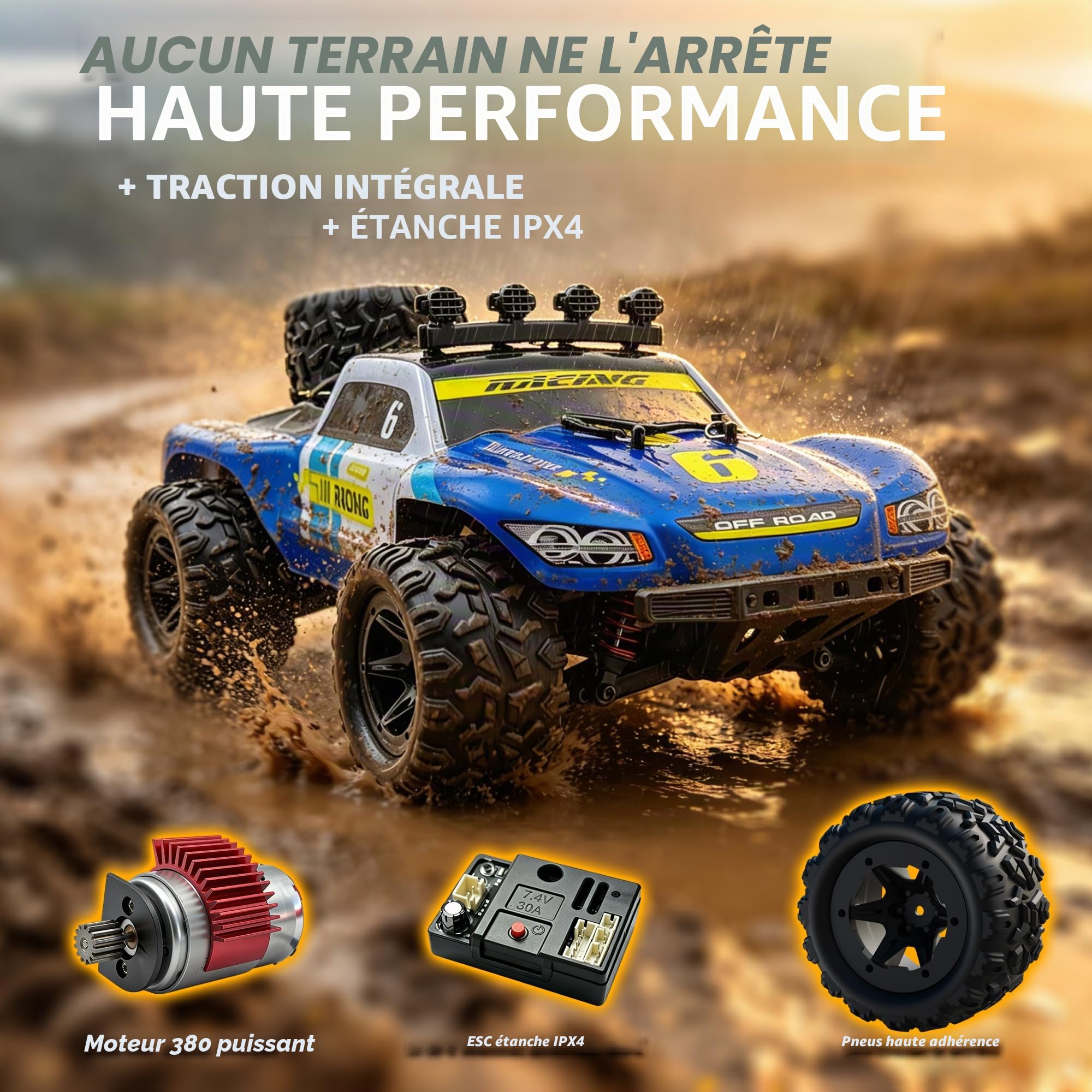 Voiture RC 1:18 4×4, véhicule télécommandé Tout‑Terrain Haute Vitesse 40 km/h avec 2 Batteries (45 Min d'autonomie), Camion Tout‑Terrain étanche IPX4 adapté au Sable, à la Boue et à la Neige
