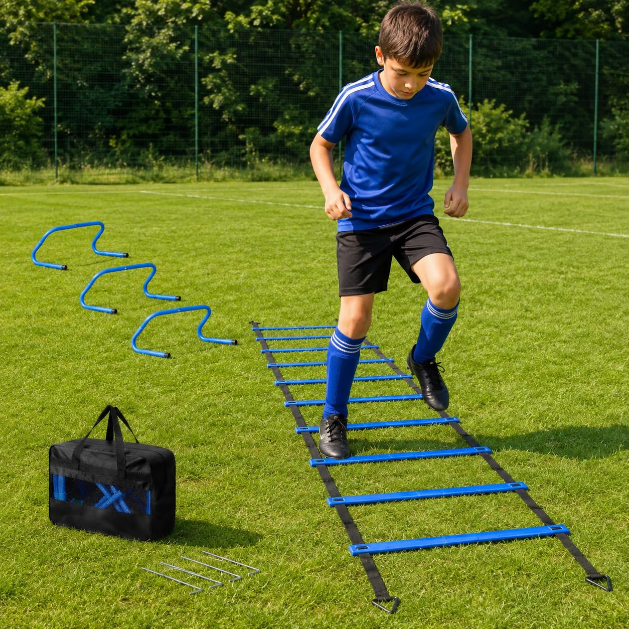 Fussball Trainingszubehör Agility Set, Koordinationsleiter 6m mit 42.5cm Sprossen, 12 Hütchen 16cm Scheiben, mit Tasche für Fußballspieler, Agility-Leiter-Set 4