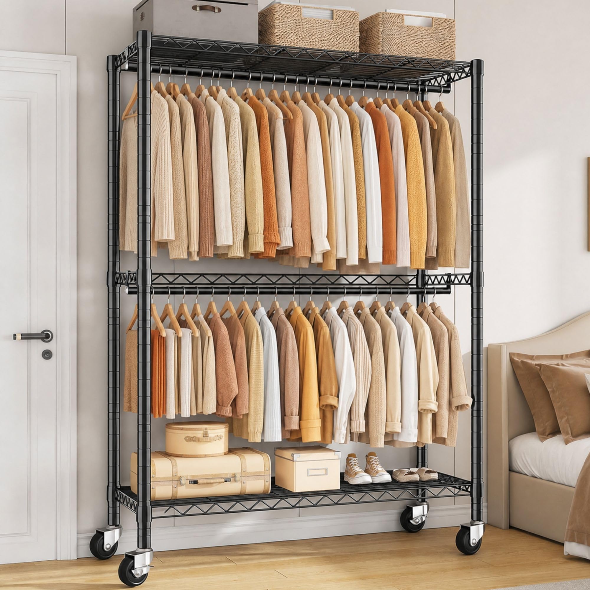 90 * 40 * 200cm Portant à Vêtements Solide à Roulettes avec Plateaux | 90 * 40 * 200 cm, hauteur modulable, charge maximale 200 KG, penderie vêtement dressing avec étagères réglables, noir