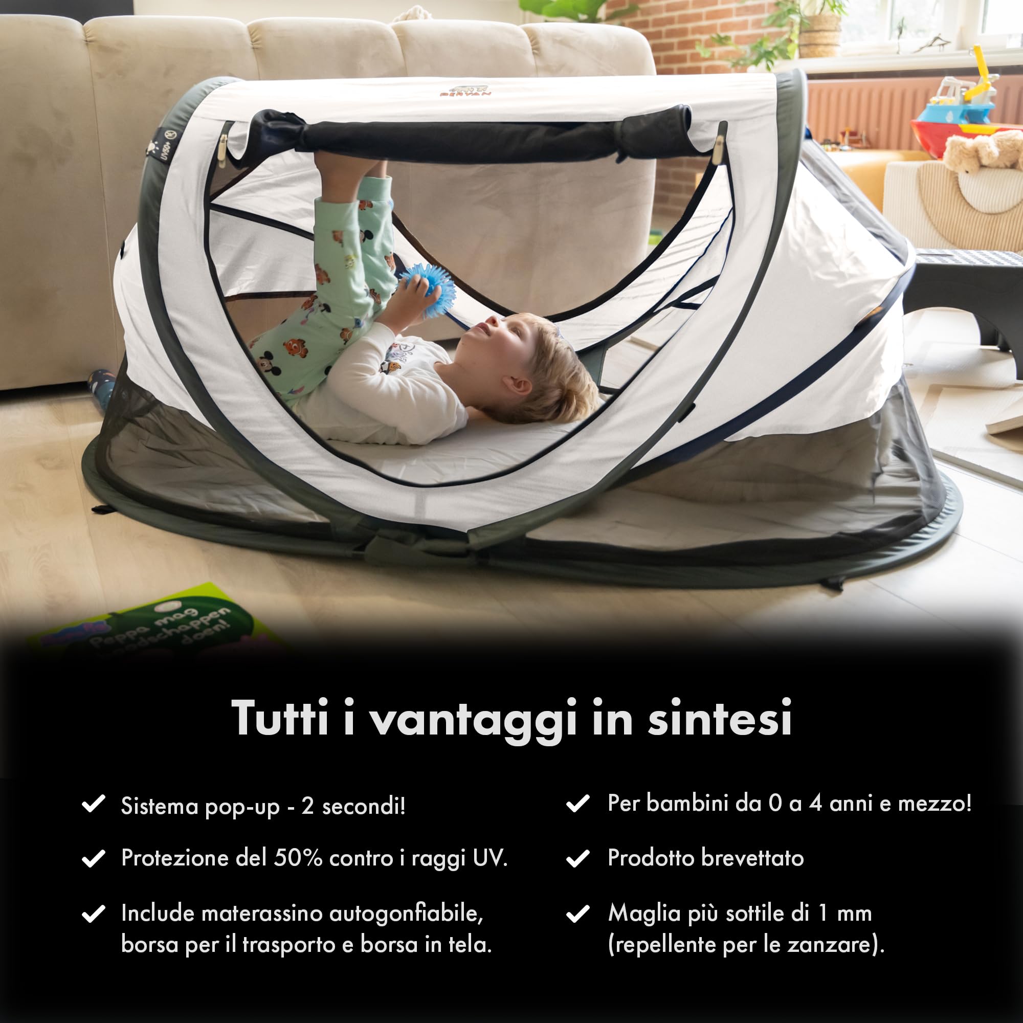 Deryan Lettino neonato da viaggio pieghevole con materasso, 0-4.5 anni, Lettino da campeggio, Le pareti realizzate in rete, Letto Pieghevole 135x90cm, Borsa da Trasporto, Protezione Insetti, Crema