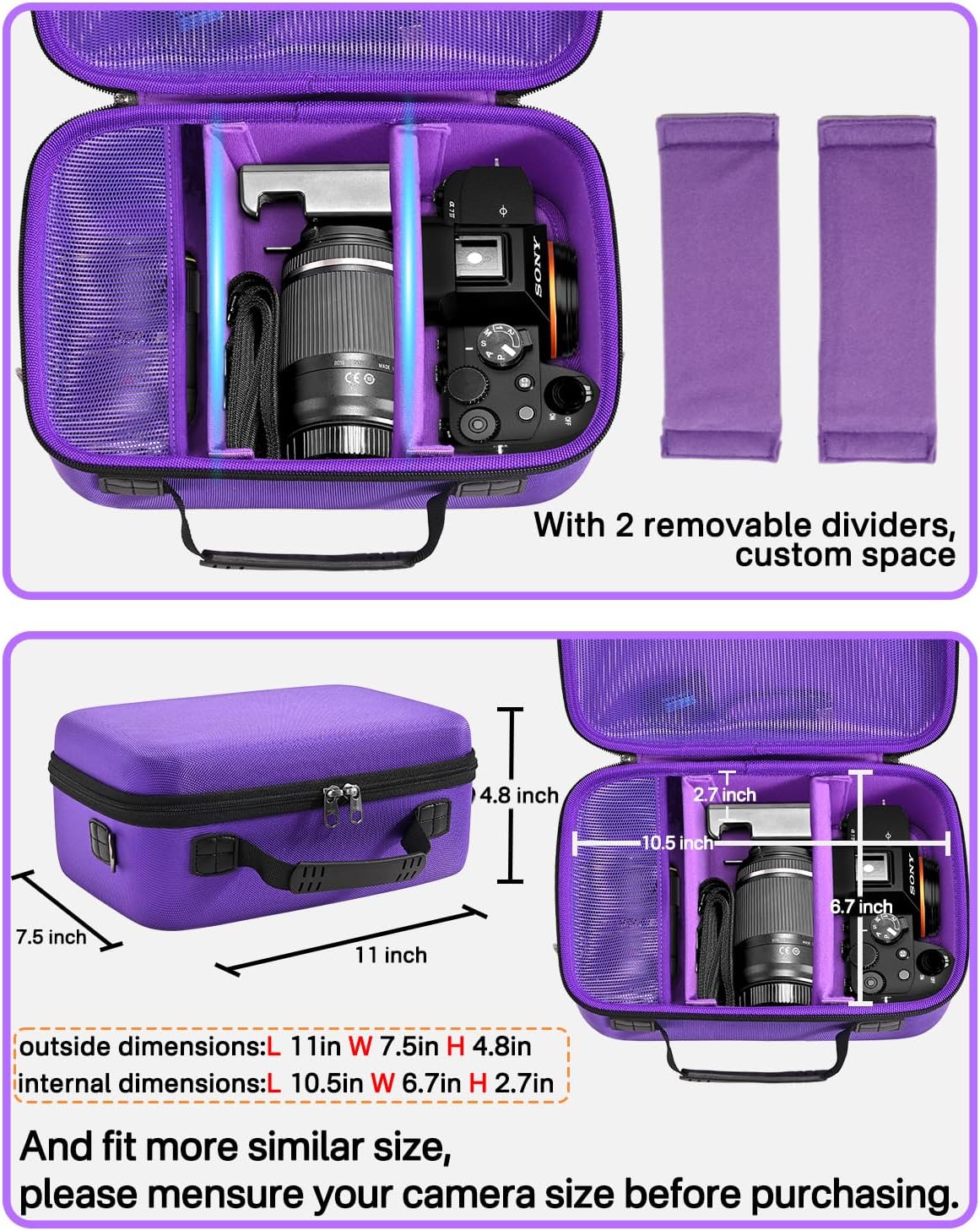 RAIACE Hard Case Compatible with Sony Alpha 7 II III IV/7R V Camera, for Nikon, for Canon, for Pentax and More.Large Capacity With Mesh Pocket for Lens, Charger, Cables, Cards and Accessories.-Purple - Image 4