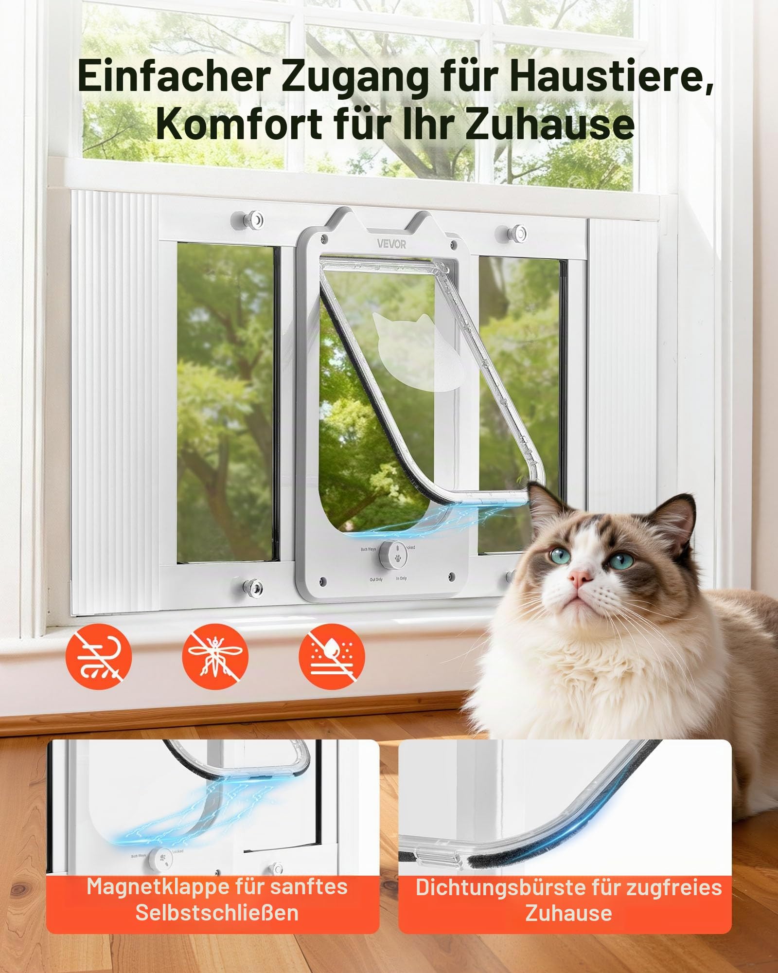 VEVOR Katzenklappe Katzentür Anpassbar an Fensterbreiten (686-813 mm), Wetterfeste Haustiertür mit 4 sicheren Verriegelungsmodi & Aluminiumrahmen & Hochtransparentem Glas & Magnetverschluss, Weiß
