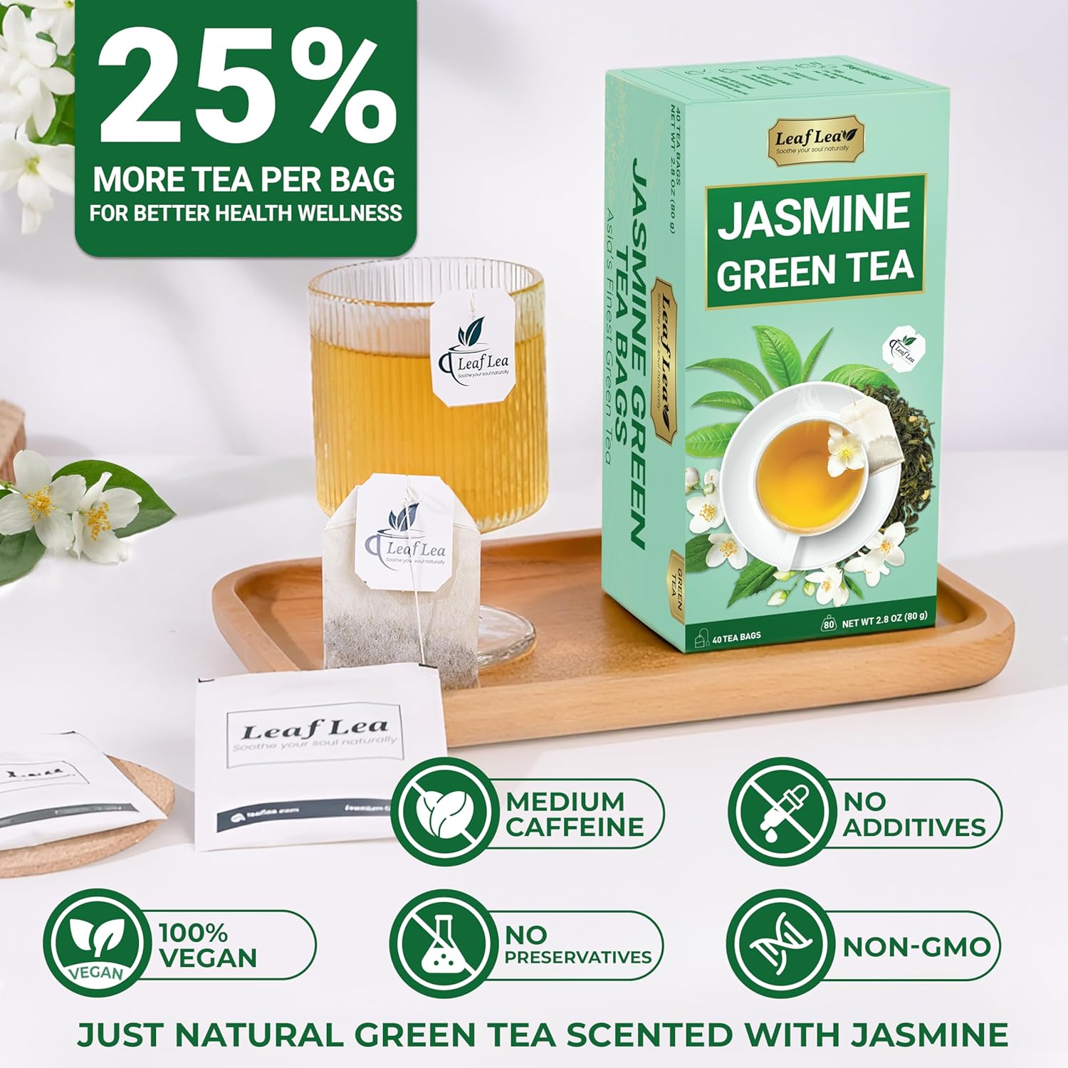 LeafLea 40 Jasmine Green Tea Bags, Premium Green Tea Scented with Jasmine Flowers for Gentle Support & Light Alertness, Floral Smoothness, Caffeinated, Sugar-Free, Non-GMO, Vegan, Individually Wrapped - Image 4