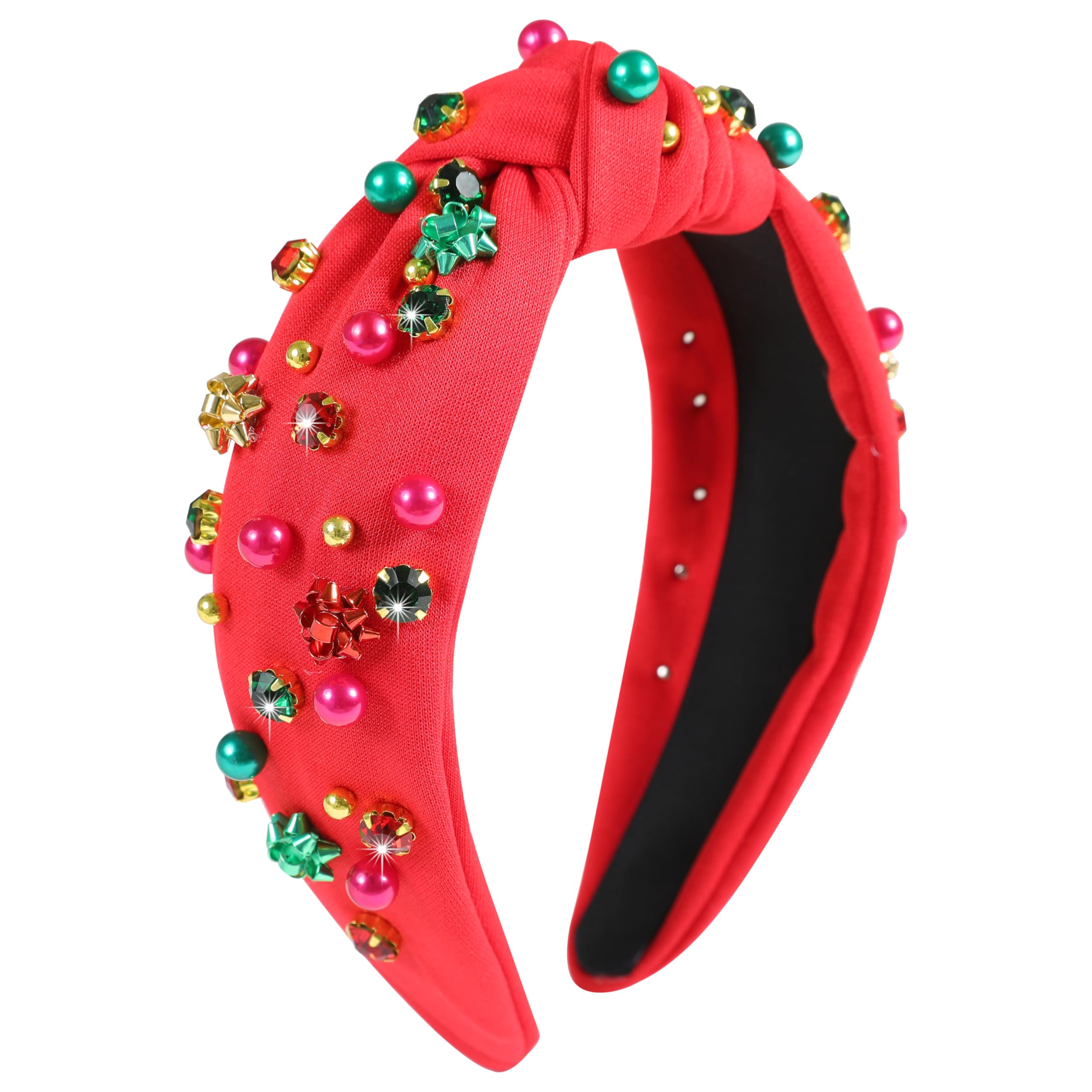 Gmmidea Christmas Jeweled Headbands for Women Girls Christmas Outfits Accessories Xmas Bow Rhinestone Pearl Knotted Headband Red Green Wide Top Knot