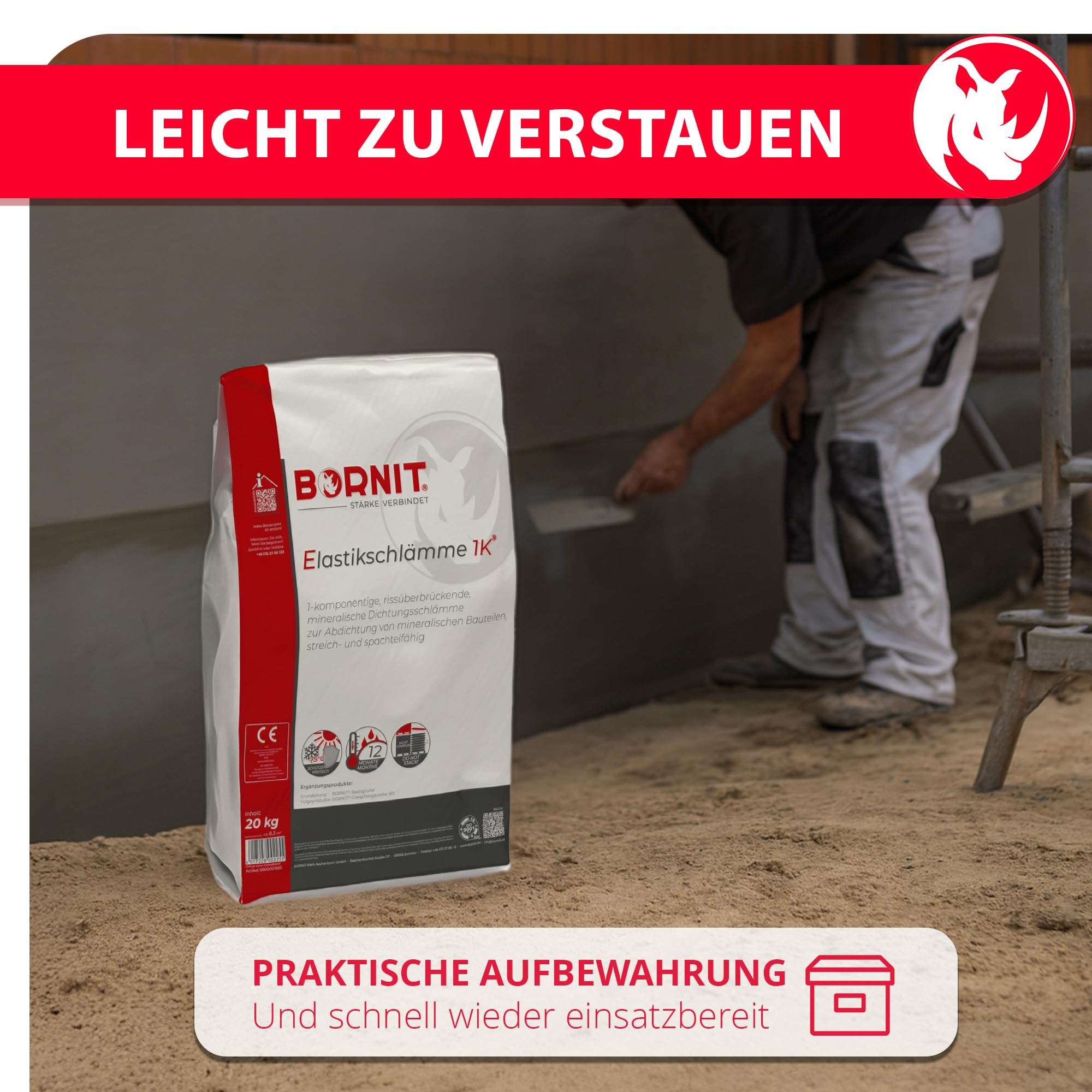 BORNIT Elastikschlämme 1K, 20 kg zementgebundene umweltschonende Abdichtung | wasserdicht und rissüberbrückend, für Sockelbereiche, Terrassen, Balkone, Wassertanks