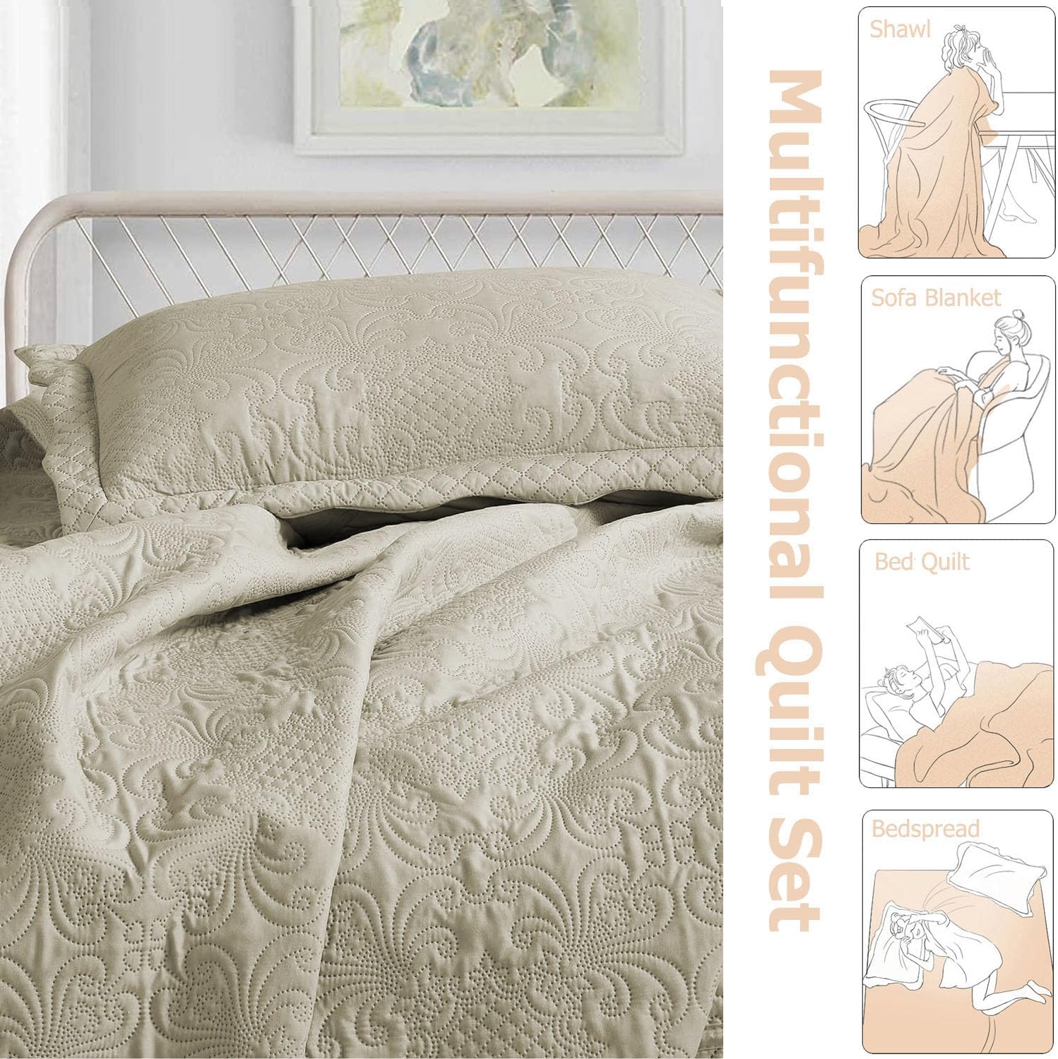 BOREA home collection 3-Piece Queen Ultrasonic Bedspread Set Coverlet Set Cream Quilt Queen Lightweight Quilt Set Embossed Farmhouse Bedding Set Solid Color Coverlet Bedspread (Beige)