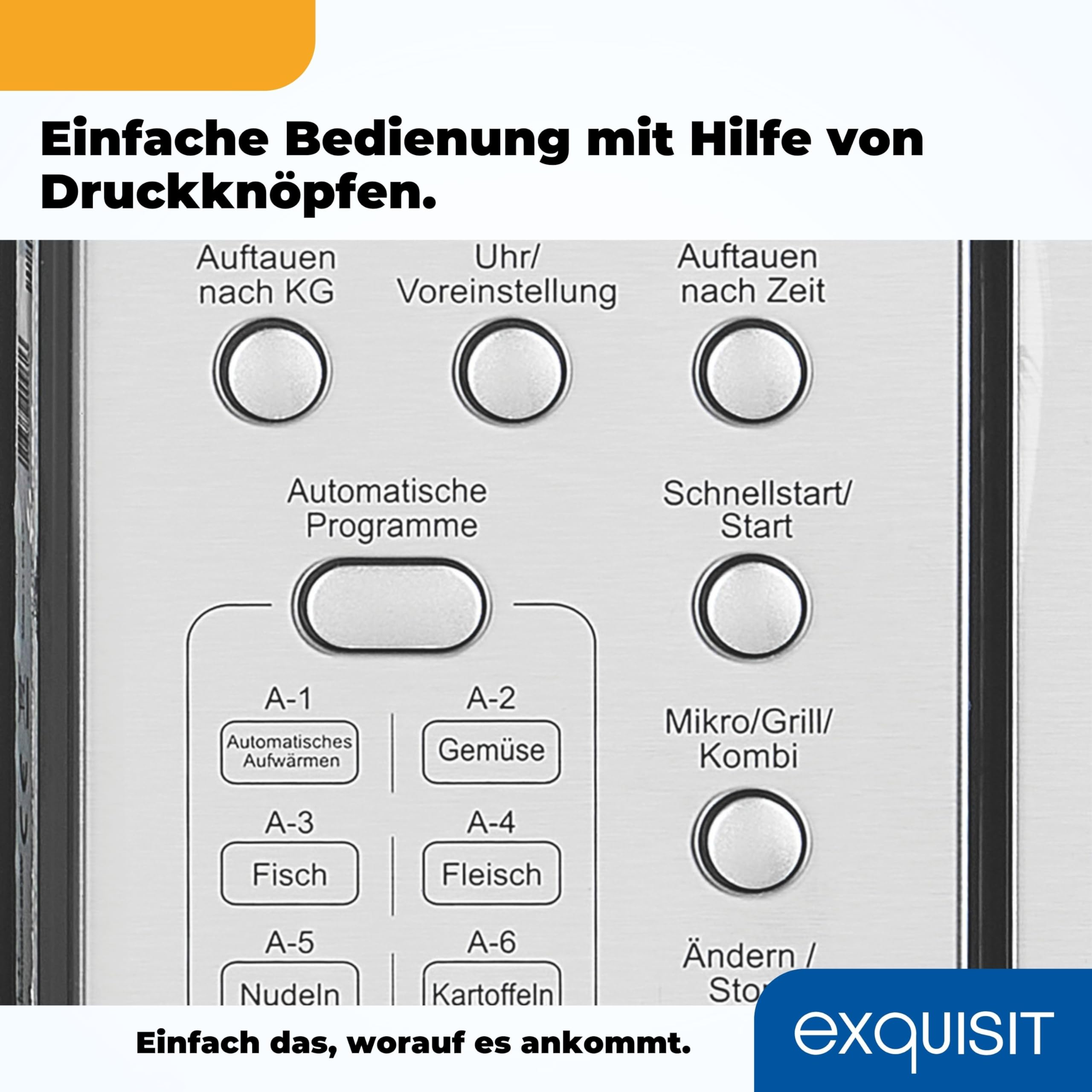 Exquisit Einbaumikrowelle mit Grill, 20 L, 800 W, Inoxlook | Nischenmaß 56 x 36,2 cm - 8 Autokochprogramme - 1000 W Grill - Timer - 5 Leistungsstufen - Drehteller 24,5 cm