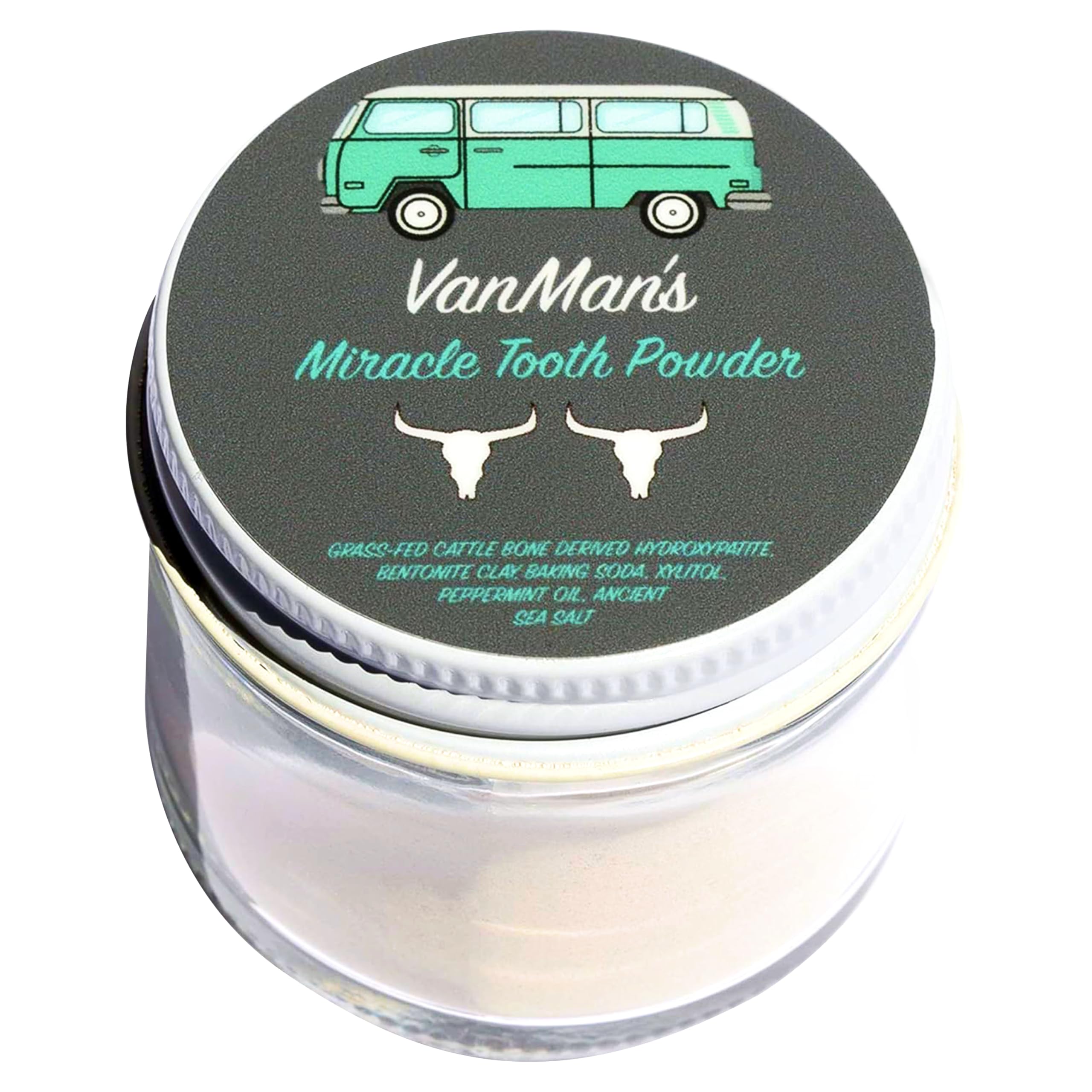 Vanman’s - Mint and Bone Tooth Powder Toothpaste - Remineralizing Tooth Powder with Cattle Bone Derived Hydroxyapatite, Bentonite Clay, Peppermint Oil and Baking Soda - 2.2 oz
