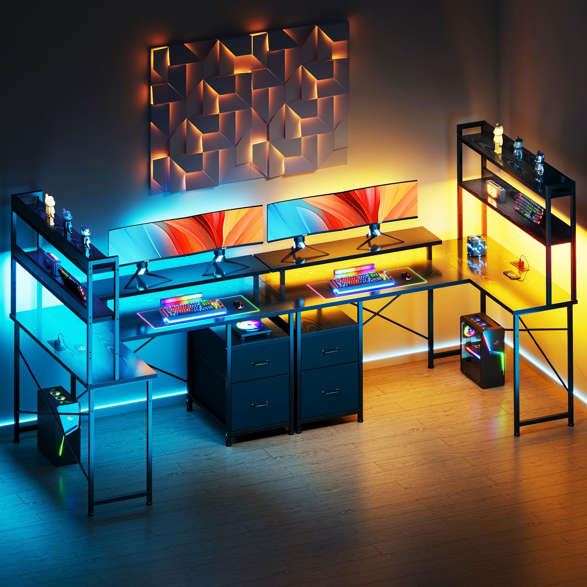 Escritorio para juegos en forma de L con estantes, escritorio reversible para juegos para computadora con luces LED y estación de carga, escritorio de esquina para oficina en casa con soporte 7