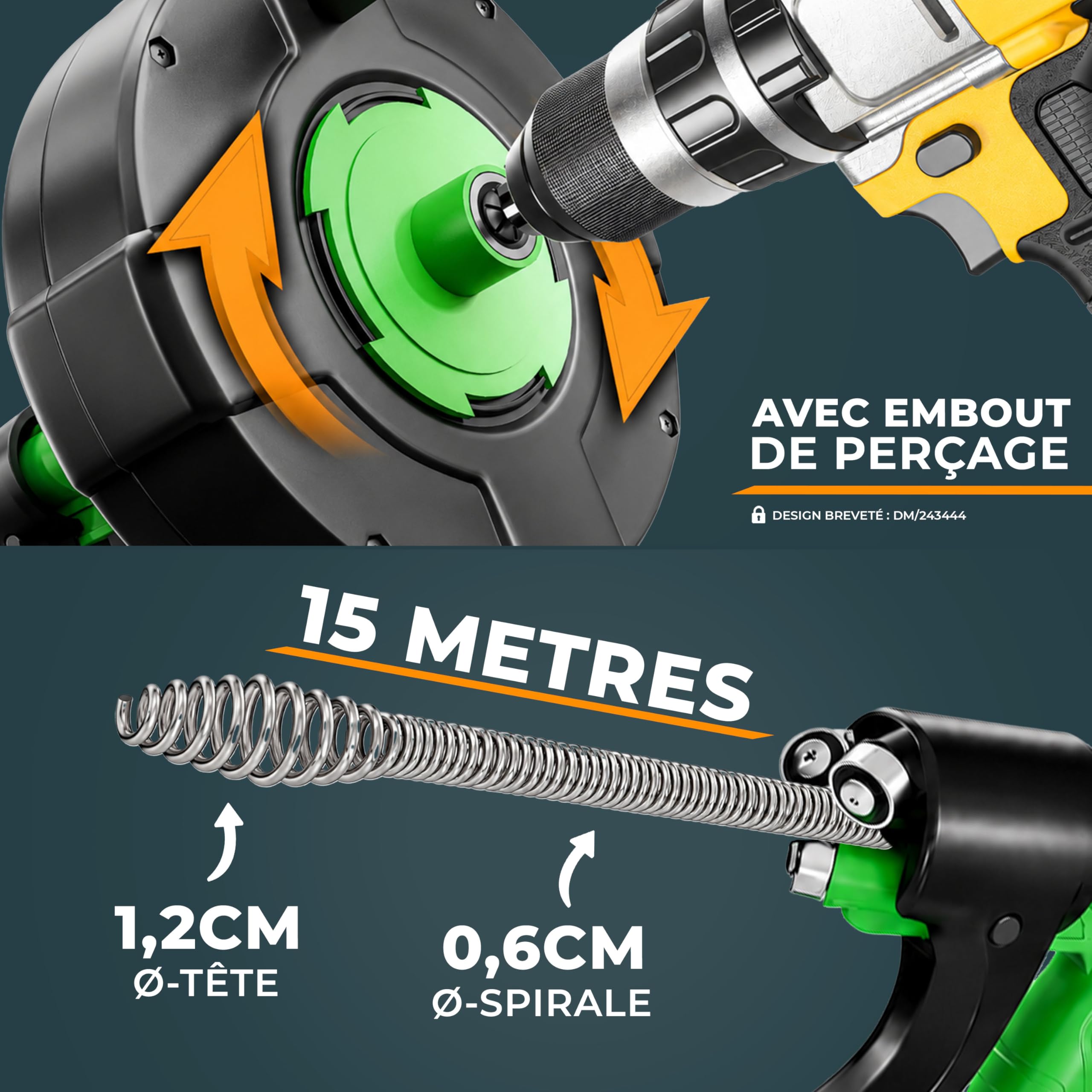 Meisterfaktur Furet Déboucheur Canalisation [15M] - Fonction Automatique - Furet Plomberie Idéale avec Poussée Automatique - Spirale de Nettoyage de Tuyaux pour Vrais Bricoleurs !