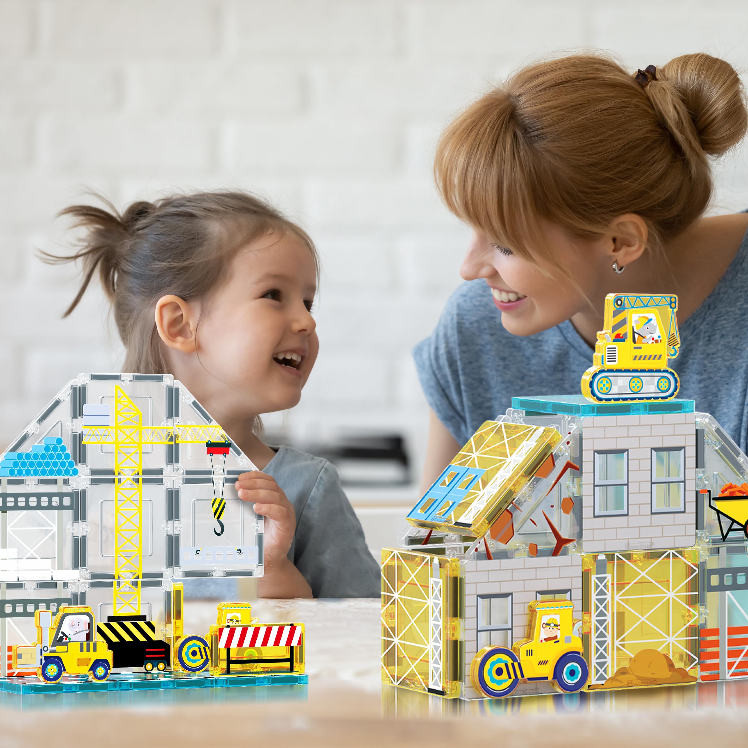 PicassoTiles Magnet Tiles Magnetic Building Blocks with 8 Construction Vehicles Crank Truck Excavator Bulldozer Road Roller Concrete Mixer Tractor Dump Truck Forklift Toys Learning Kids Ages 3+ PTQ11 - Image 2