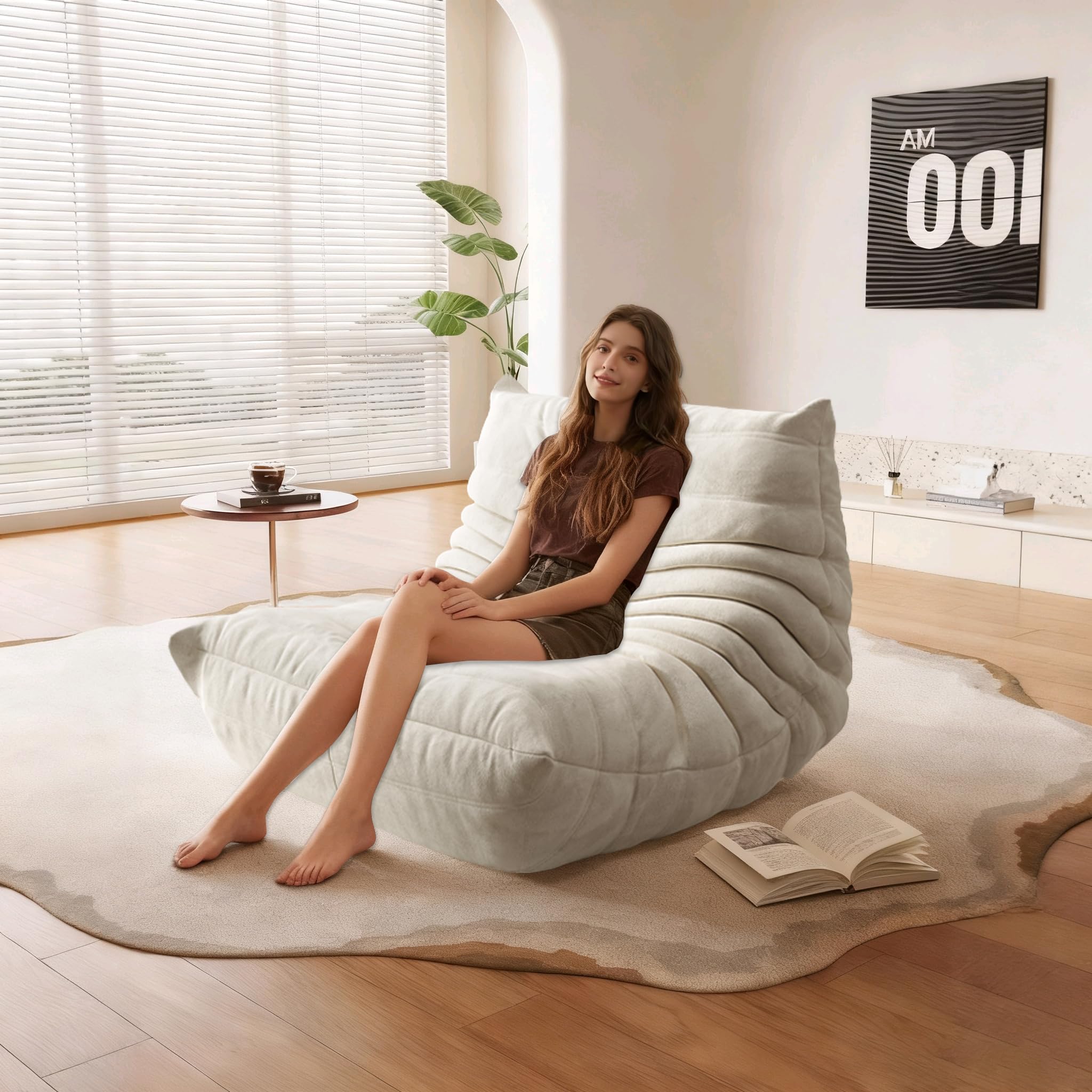 Adult Bean Bag Chair Memory Sponge Bean Bag Chair, Bean Bag Sofa with Filler, Artificial Fur Stove Bean Bag LazySofa Living Room Bedroom Office (White Plush, Single) (White)