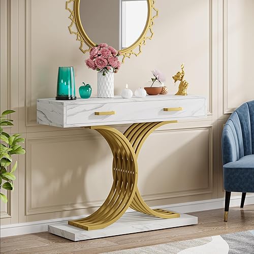 Miniatura 4 de Mesa consola de oro blanco con cajón, moderna mesa de entrada de 39 pulgadas con almacenamiento, mesa de pasillo de mármol sintético con patas