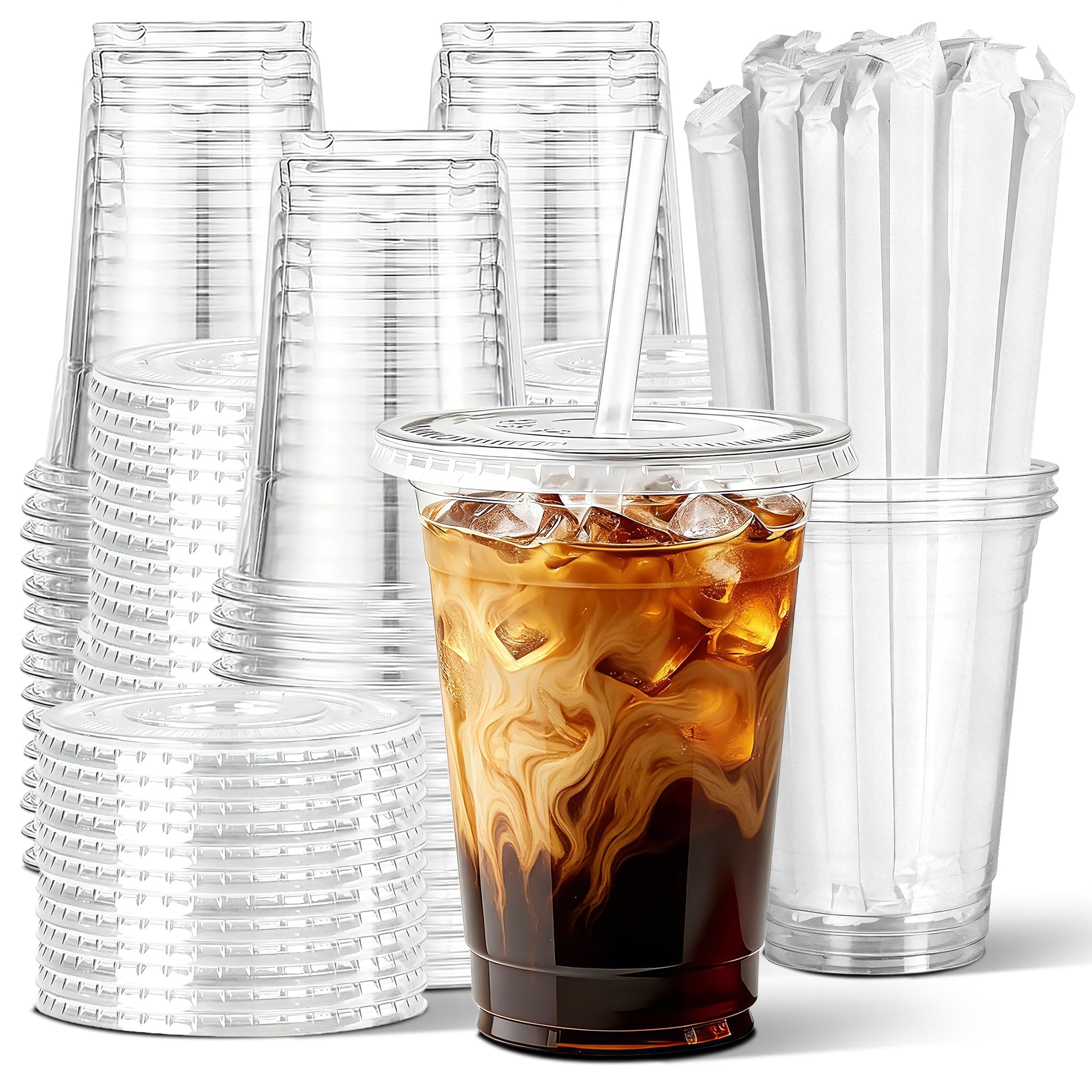 Ginkgo 50 Pack 16 oz Clear Plastic Cups with Lids and Straws