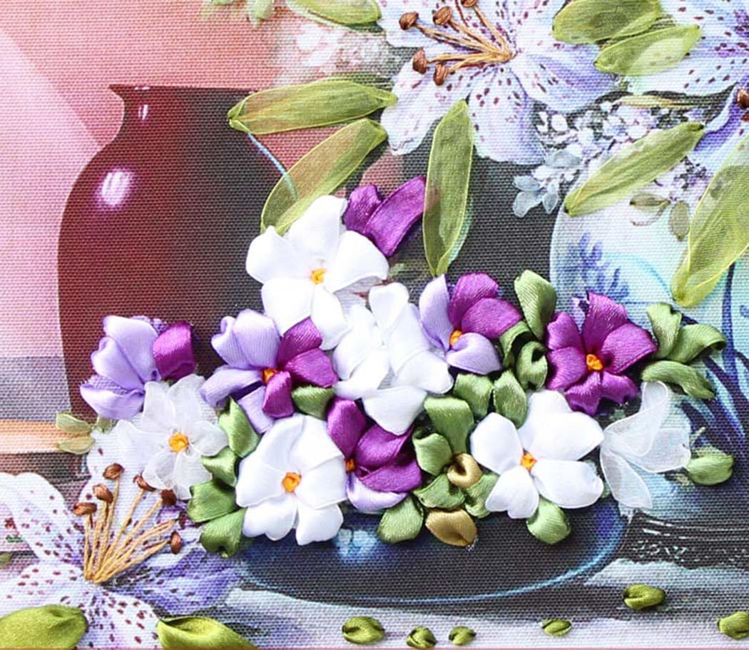 Aureate Handmade Ribbon Embroidery Kits Canvas 3D Wall Art Home Decoration DIY Needlepoint Tapestry Hanging Gift Sweet Lily 22"×20"