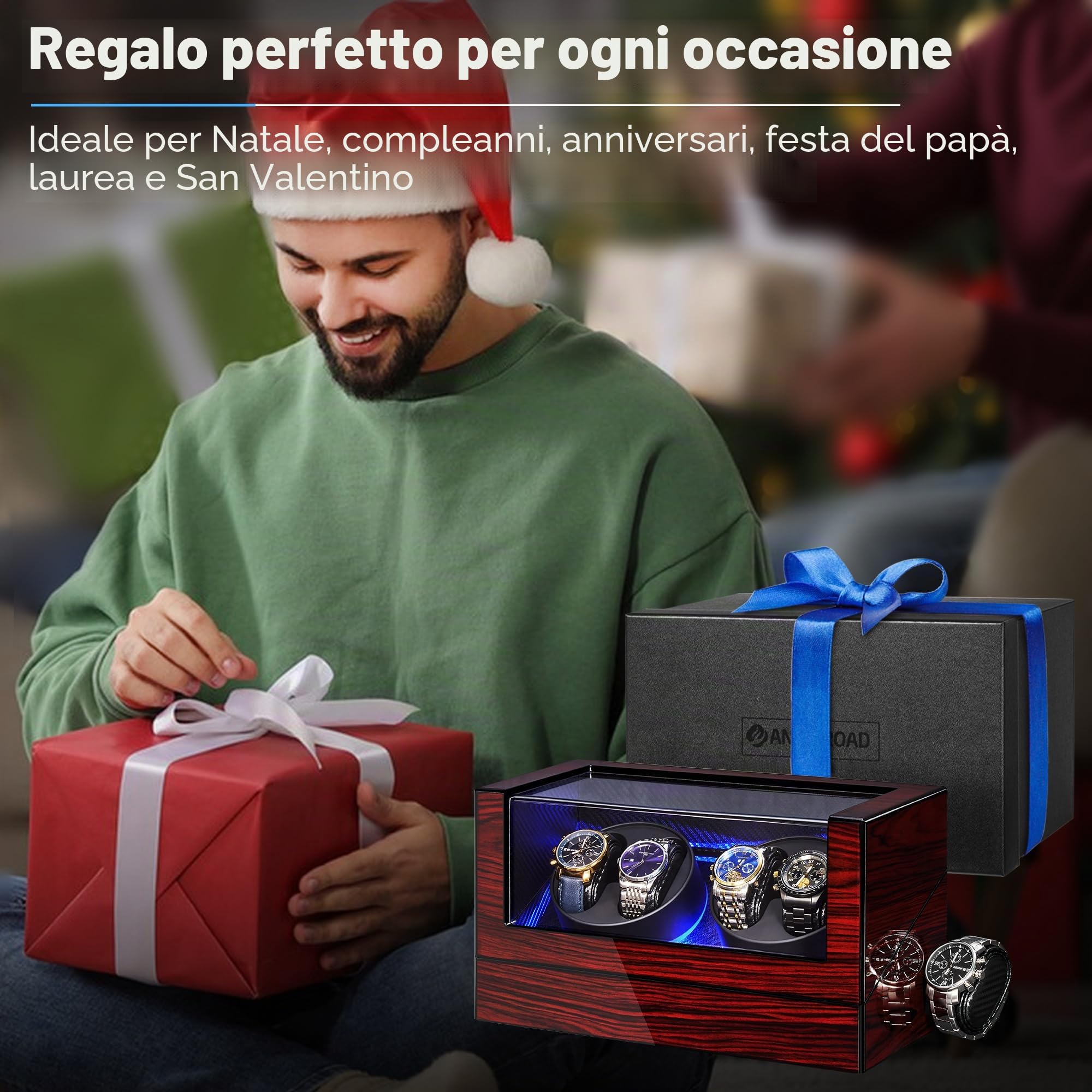 ANWBROAD Watch Winder, Scatola Caricaorologi Automatica con Luce LED, Rotazione Automatica Dell'orologio, 4 Rotatori per Orologi e Motore Super Silenzioso, JWW011Y
