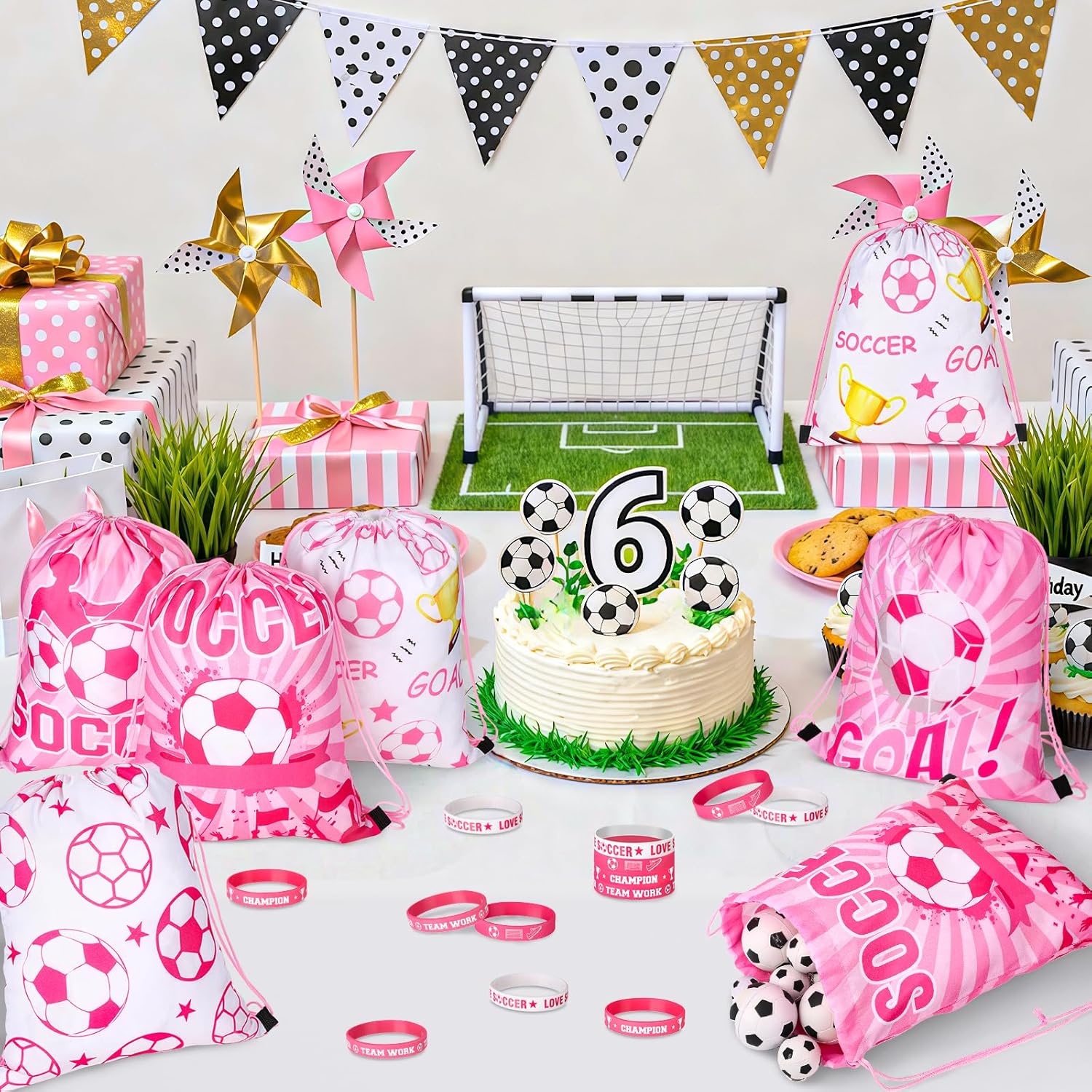 32pcs Soccer Party Favors for Girls Pink Soccer Party Decorations 16pcs Drawstring Goodie Bags 16pcs Silicone Wristband Soccer Bags for Sports Soccer Party Birthday Supplies