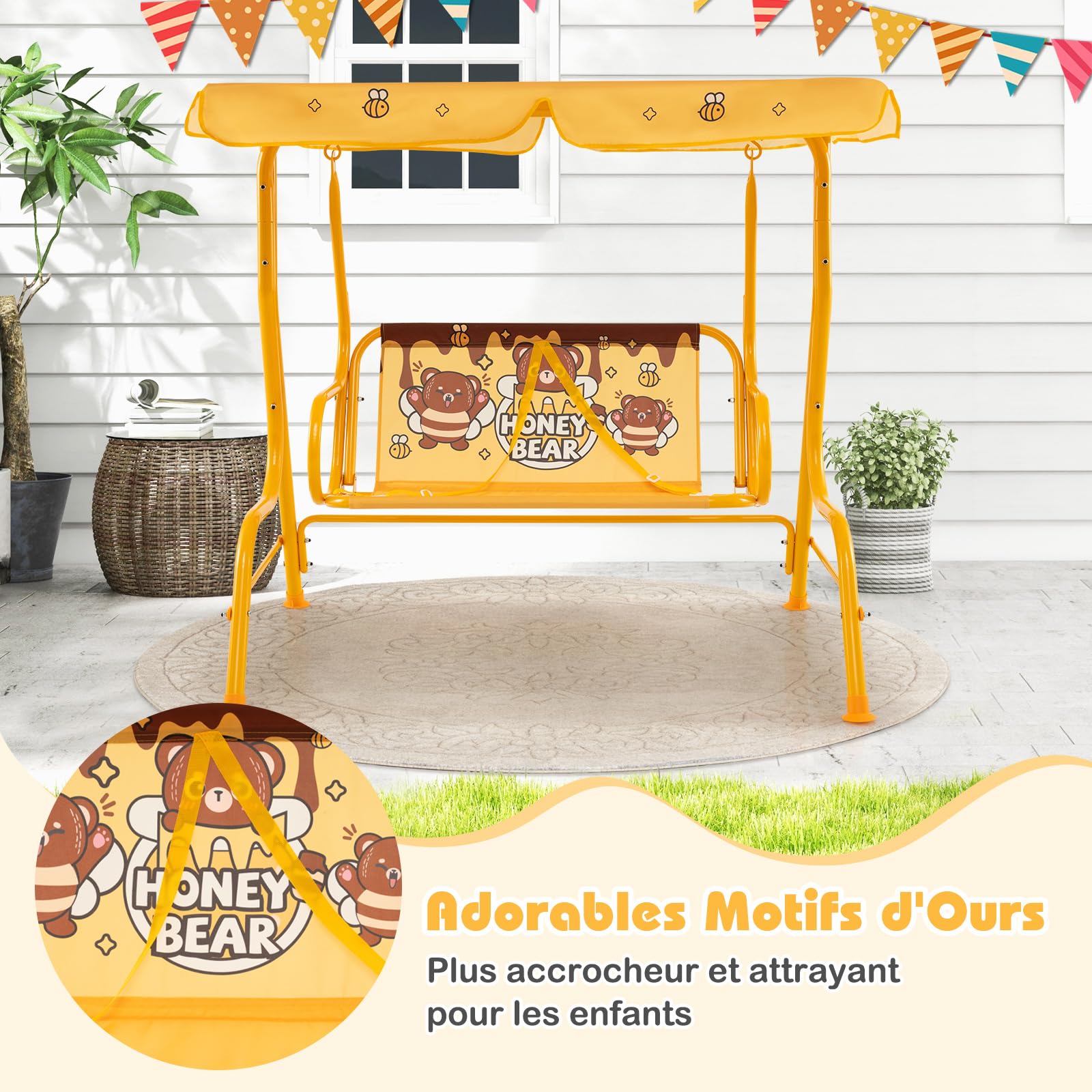 COSTWAY Balancelle de Jardin Extérieure Enfant 2 Places avec Motif Ours & Auvent Réglable, Balançoire de Patio avec Ceintures de Sécurité, Charge Max 80KG pour 3 Ans+, 112x76,5x111 cm