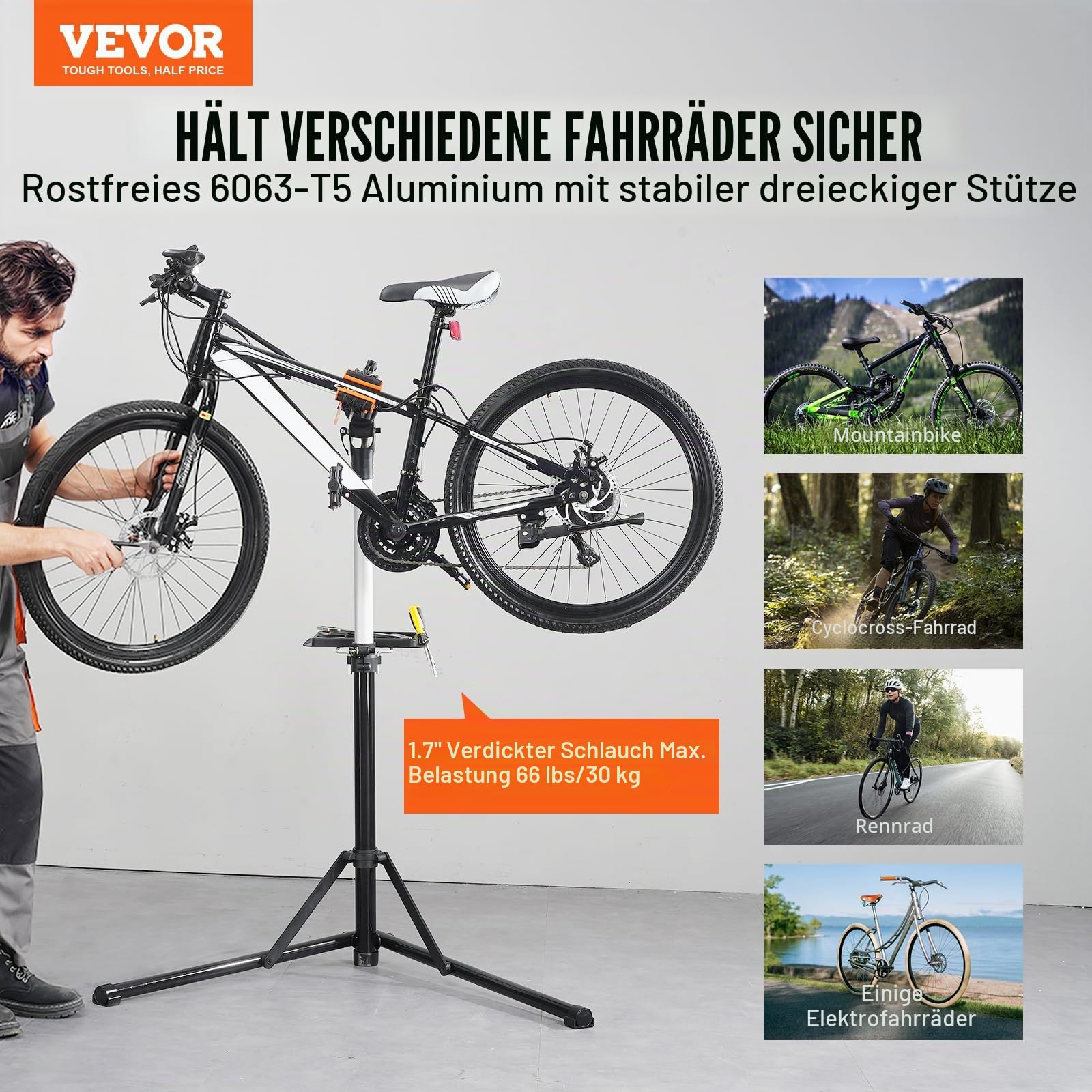 VEVOR Fahrradreparaturständer Fahrradmontageständer, Reparaturständer Aluminium für Fahrräder, Schwerlast-Montageständer 30 kg, 102-160 cm Höhenverstellbarer Fahrradständer mit 360° Drehbar Klemmkopf
