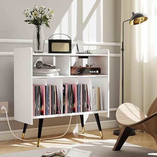 Miniatura 3 de White Record Player Stand: Vinyl Record Player Stand with Storage, Turntables for Vinyl Records, Modern Media Console, Album Display Shelf with USB