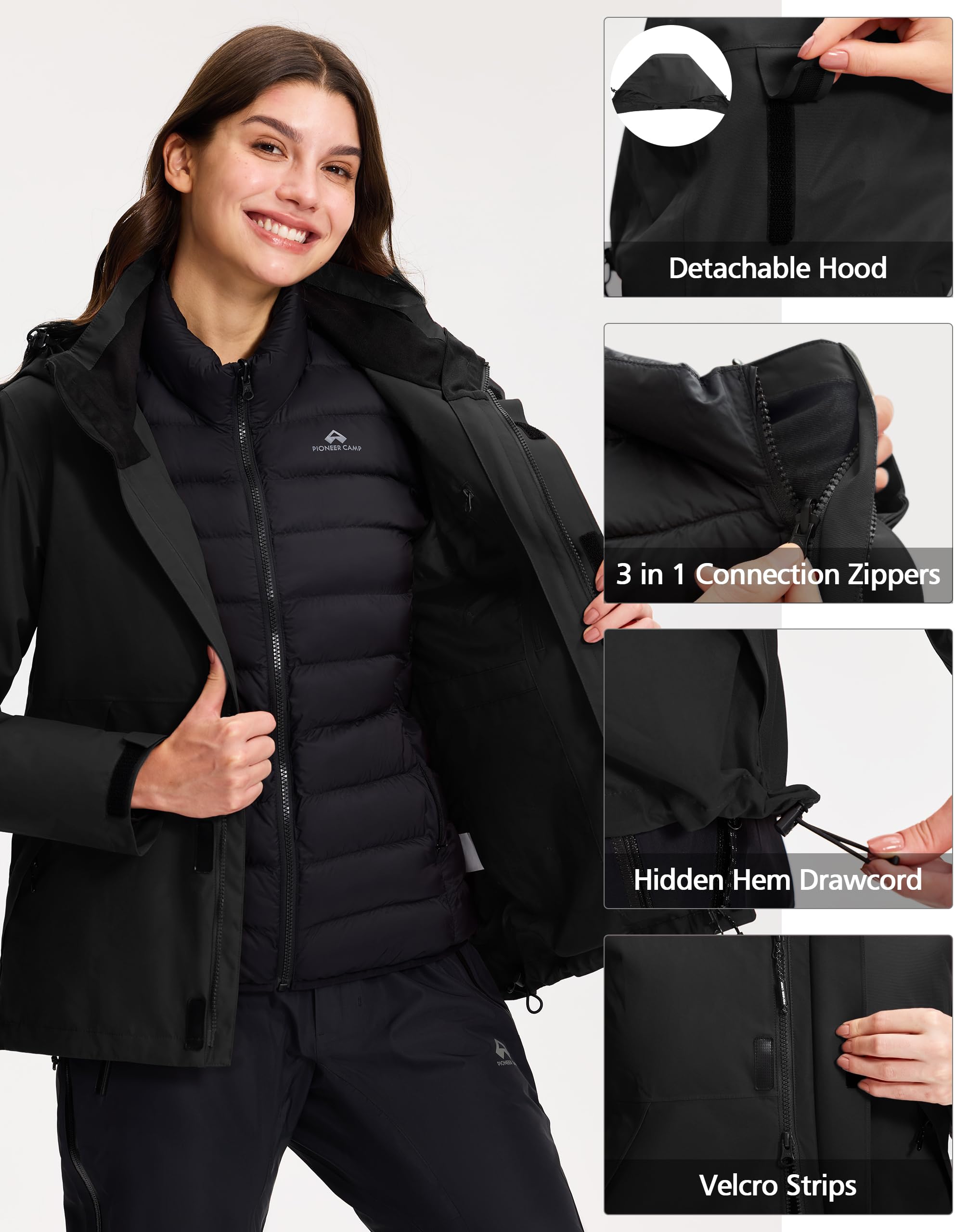 Pioneer Camp Veste d'hiver femme 3 en 1 ski snowboard résistante pluie respirante évacuant humidité doublée coton