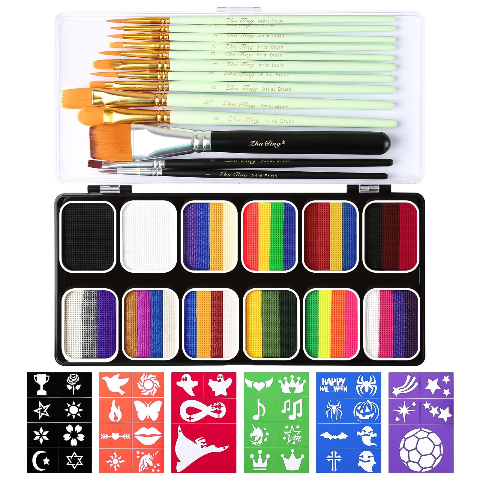 39 Colors Face Paint Kit For Kids: Professional Face Painting Kit with 6 Stencils and 13 Brushes - Water Activated Facepaint Makeup Kit - Non Toxic Face Paint for Halloween and Christmas