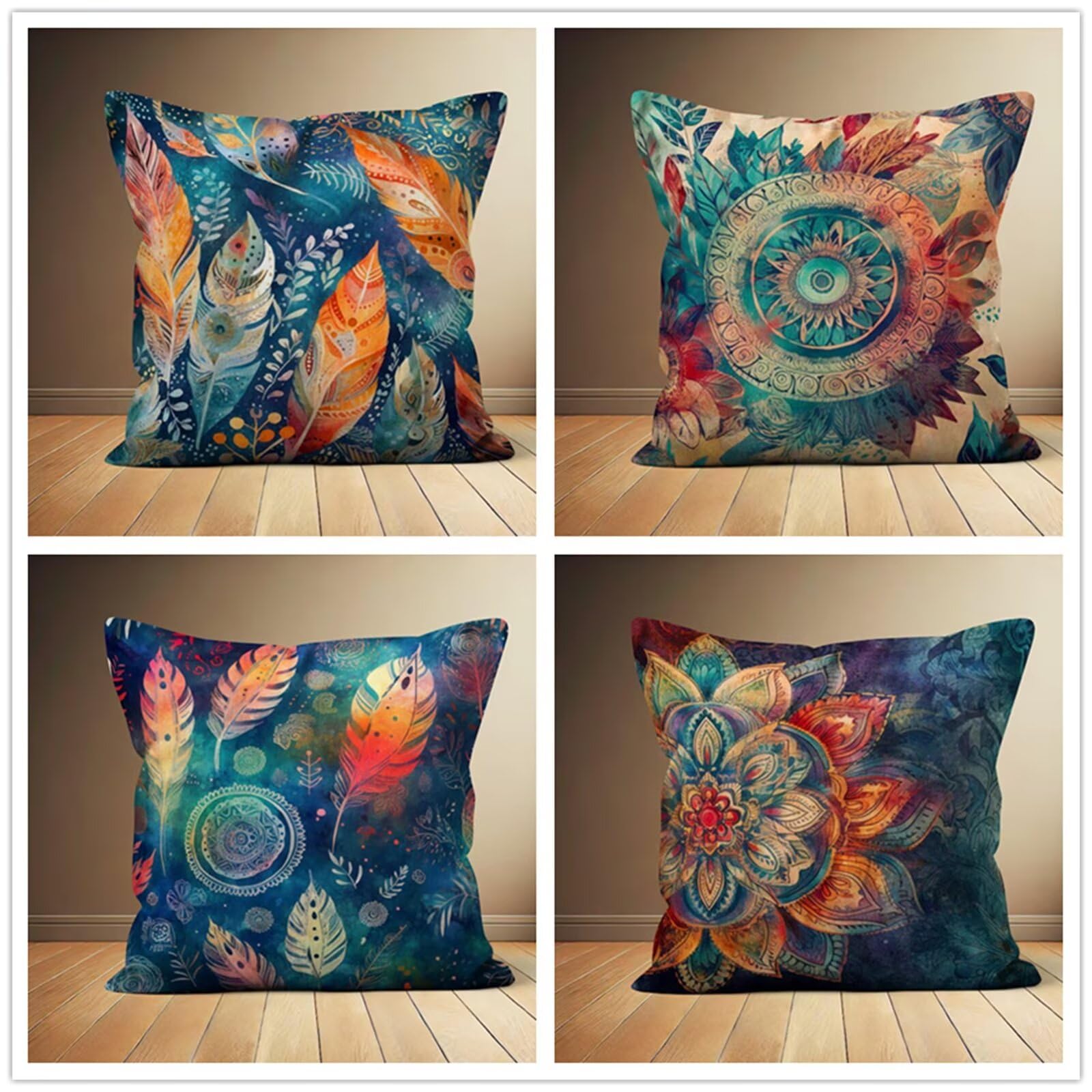 Heaen Outdoor Cushions Covers Waterproof 55x55 cm Set of 4 Square Linen Pillow Cases Feathers Mandala Decorative Dushions for Sofa Porch Patio Home Decor