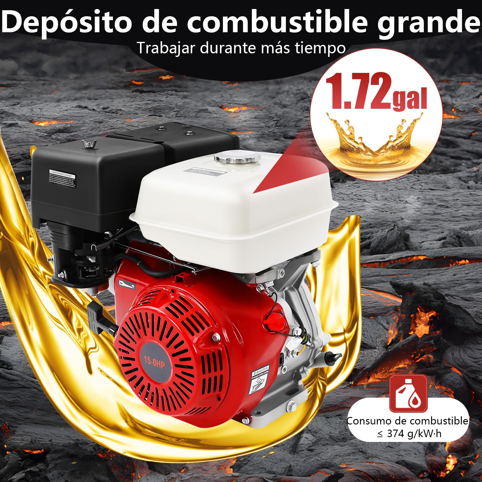 Motor de gasolina de 15 CV, 9,7 kW, motor de 4 tiempos con eje de 25 mm de diámetro, 420 CCM, motor de accionamiento estacionario, refrigeración por aire, gran capacidad del depósito de