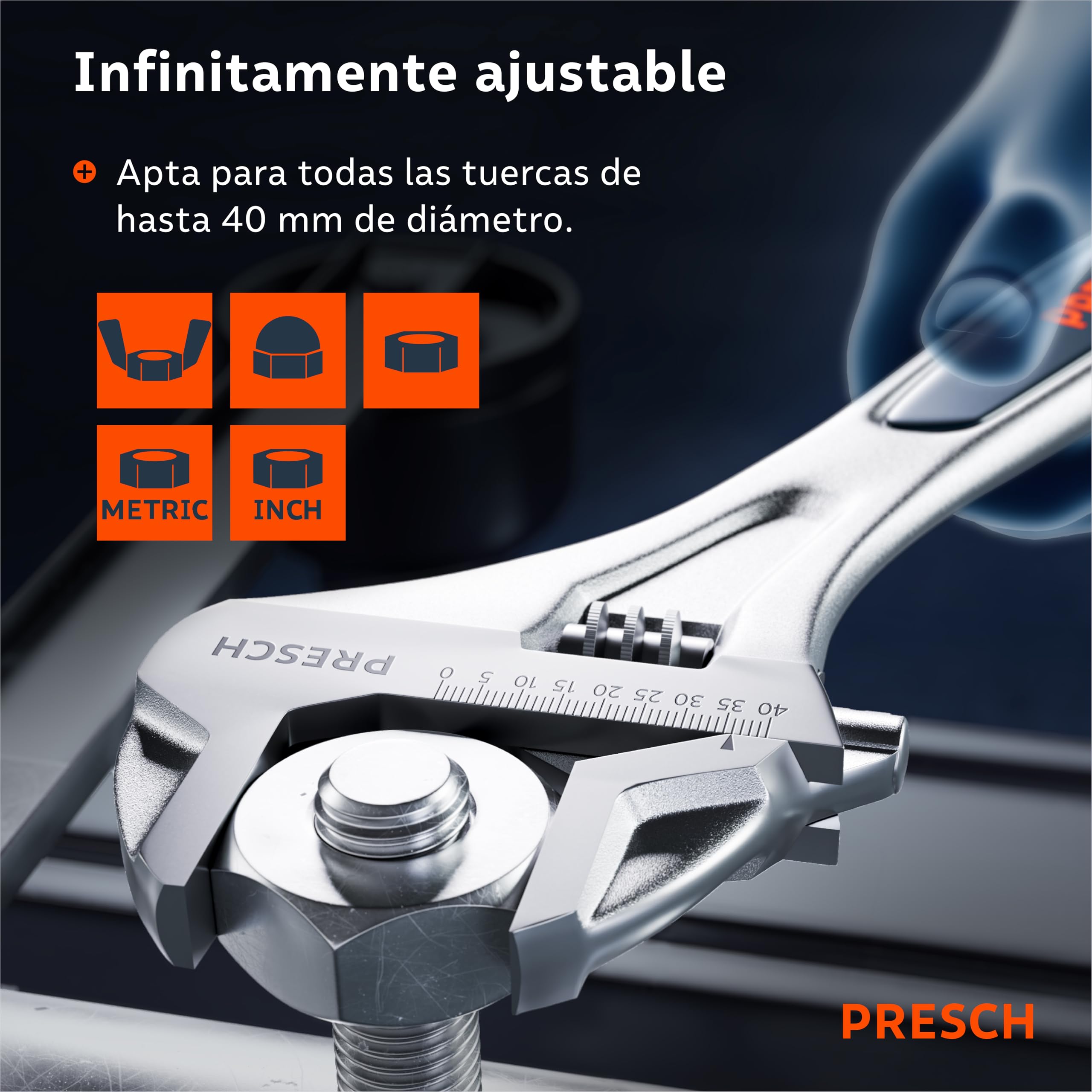 PRESCH Llave ajustable 300mm - Escala grabada con láser de 40mm (métrica y pulgadas) - Fresado de precisión para un agarre óptimo - Llave inglesa robusta - Herramienta de alta gama