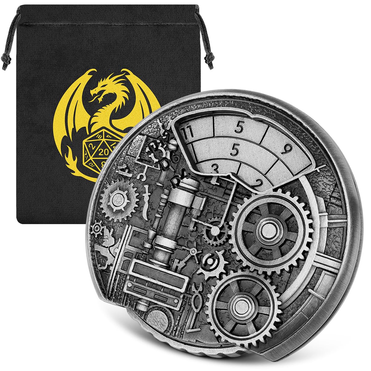 7-in-1 Dungeon Gear Fingertip Gyro, DND Wheel Dice Spiner, DND Starter Set, 7-in-1 Metal Dice Set, D&D Gifts with Dragon Logo Gift Bag, Tabletop Games, Role Playing Board Game Accessories, Silver 