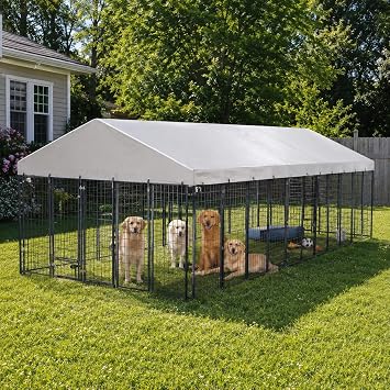 KEIKI Large Outdoor Dog Kennel 18.9L x 9.61W x 6.23H, Metal Pet Enclosure with Roof Cover, Double-Door Lock, Adjustable Feeders, Outdoor Fence for Dogs, Chickens, Rabbits, Ducks